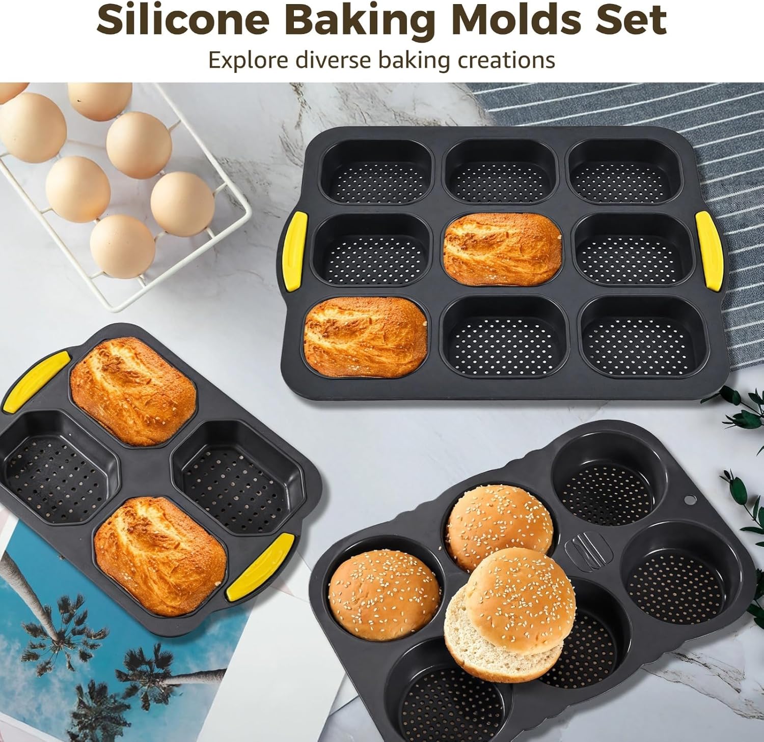 Multi-Shape Nonstick Baking Molds Set, 7 Pcs Silicone Pans For Bread Cake Hamburger, Oven Safe Kitchen Tool Kit