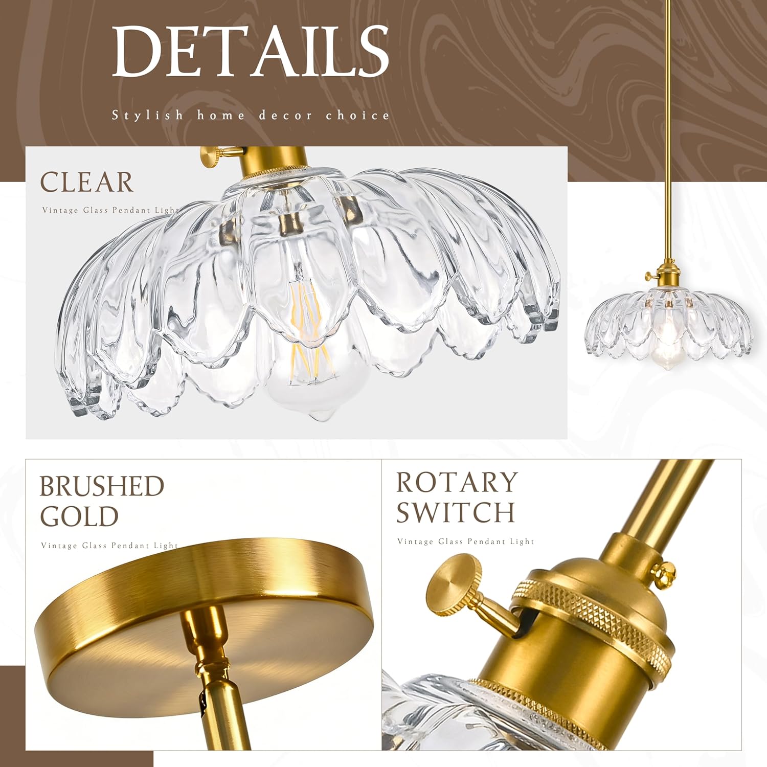 Mid Century Modern Pendant Light 2 Pack Hanging Adjustable Pendant Lights with Brushed Gold Fixture Clear Flower Glass Vintage Chandelier for Kitchen Island Bedroom Dining Room（Bulb Incl.）