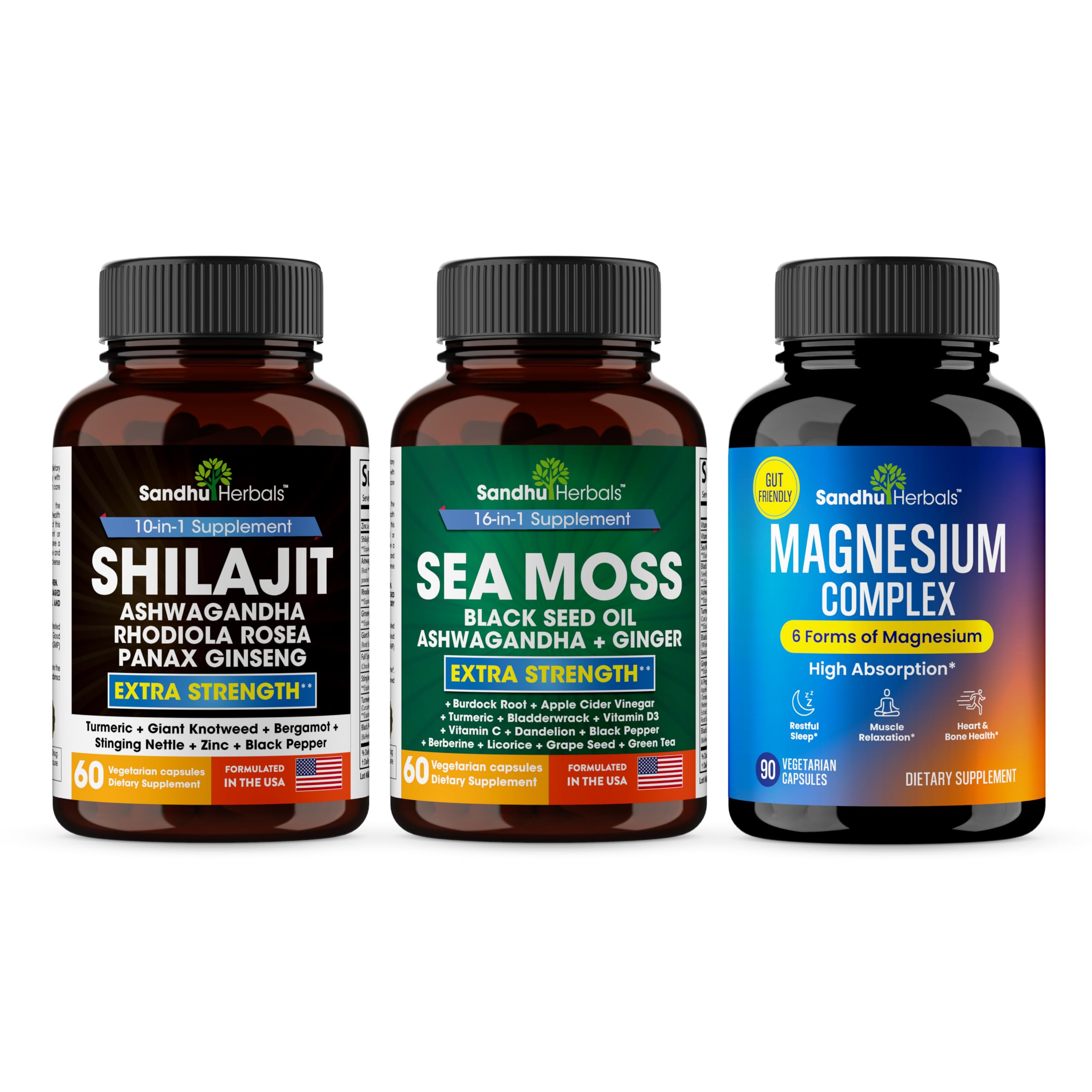 Sandhu Herbals Shilajit, Sea Moss & Magnesium 6 in 1 Complex Supplement Combo | Supports Natural Energy, Immune, Digestive Health & Restful Sleep