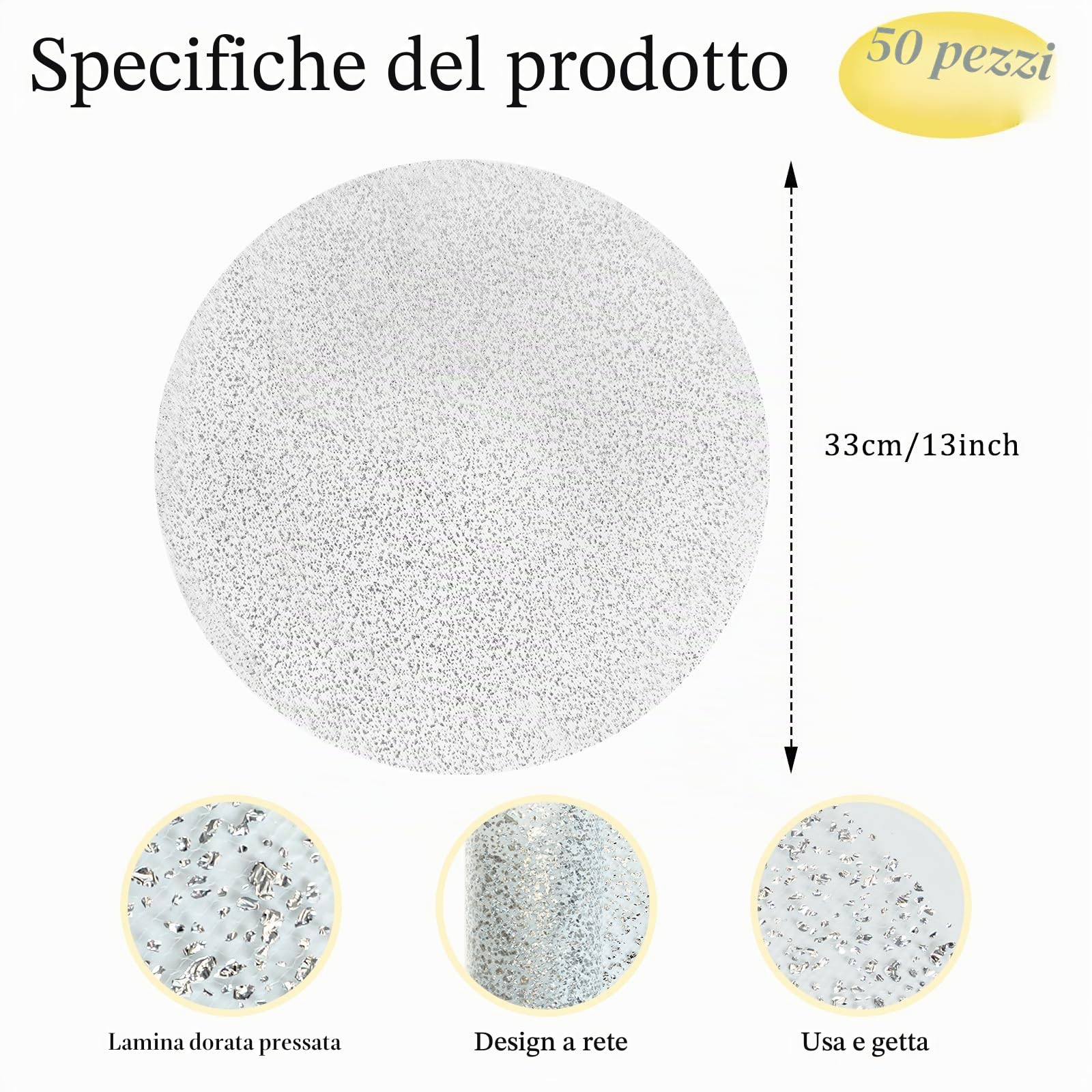 Hysenm Set di 50 tovagliette usa e getta argento, ultrasottile 33 cm rotonde in rete pressata, tovagliette usa e getta per la decorazione della casa, tavolo da pranzo, matrimoni, feste di compleanno