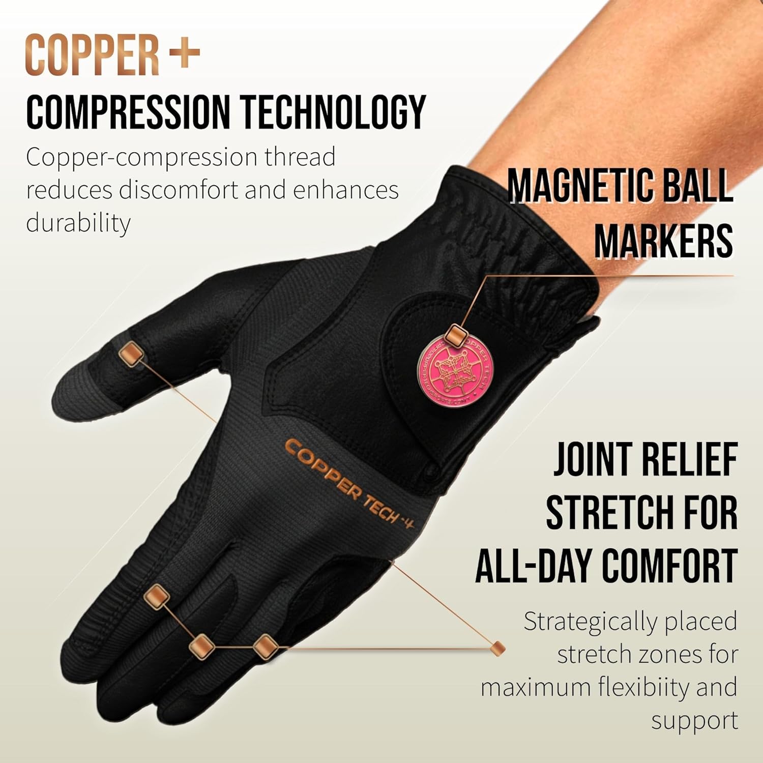 Copper Tech Plus Ladies Golf Gloves Women (2nd Gen) | Copper Compression Joint Support with Flexible & Comfortable Fit | Tacky Silicone Pad