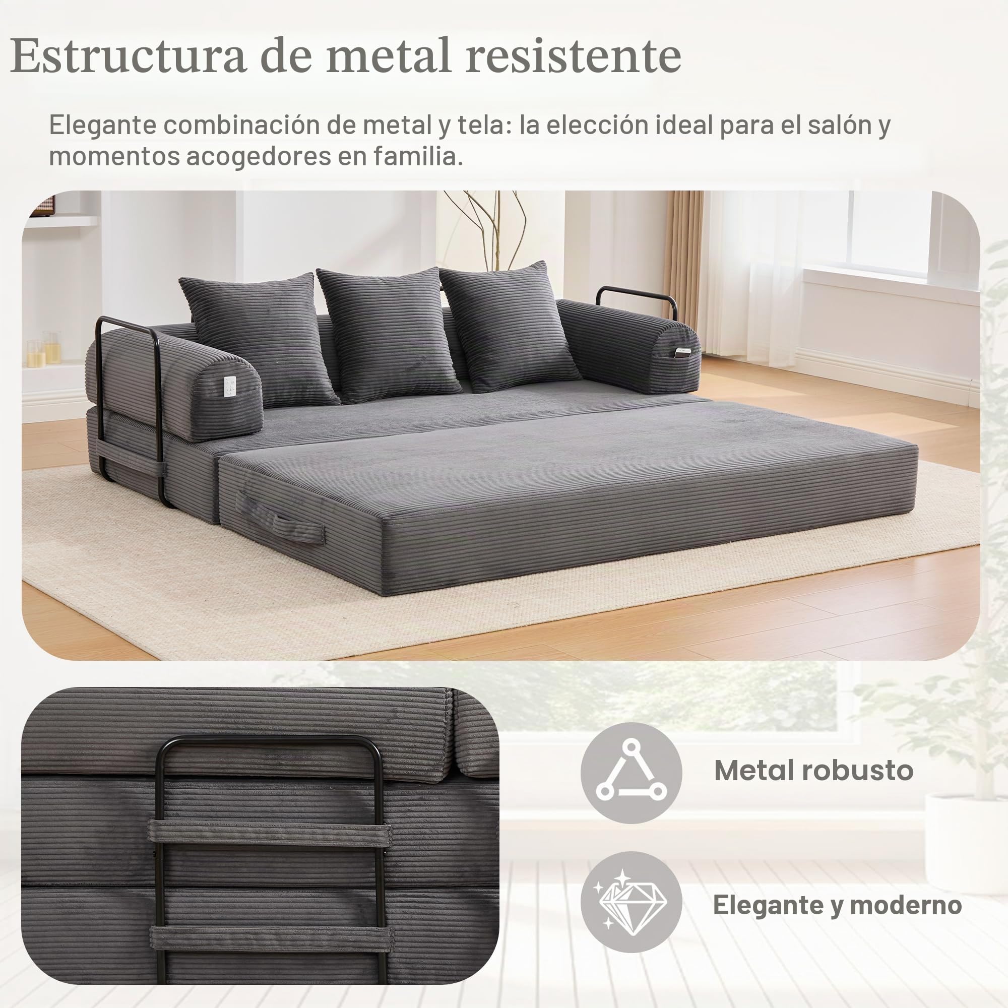 Sofá Modular sin Boneless, Sofá Cama Plegable con Marco de Metal Resistente, Bolsillos Laterales + 3 Almohadas, 200 × 94 × 67 cm, Gris Oscuro