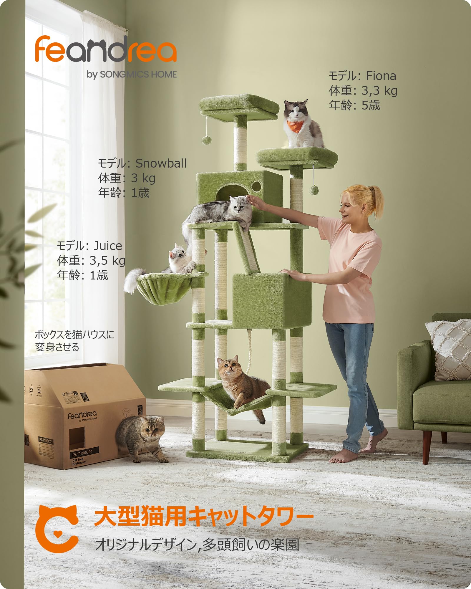 Amazon | FEANDREA キャットタワー 多頭飼い 大型猫用 スリム 安定感