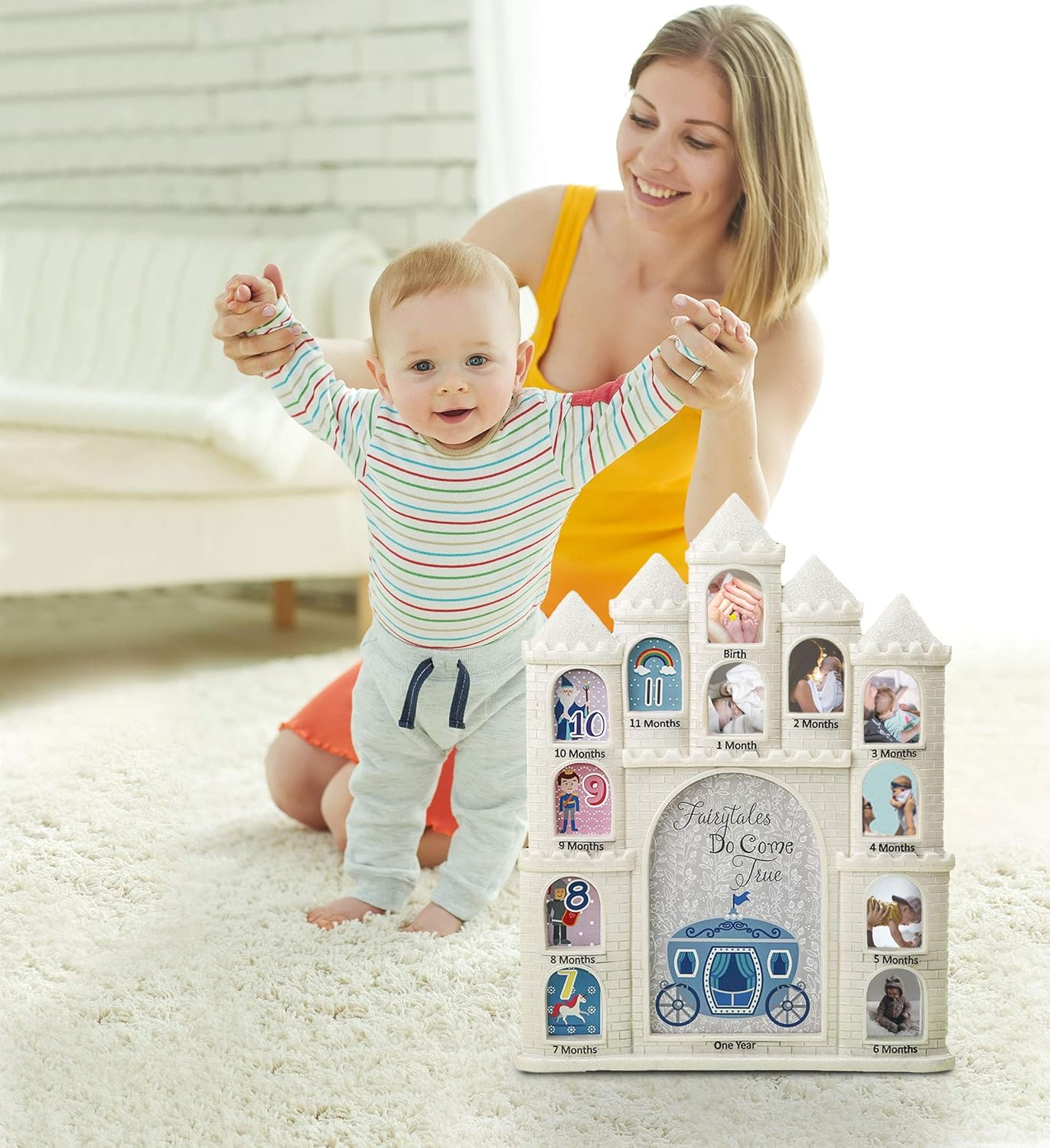 Mozlly White Fairy Tales Do Come True Castle Baby First Year Collage Photo Frame Glitter Finish 12 x 9.5 Inch Nursery Room Decor for Little Prince & Princess 1 Month-1 Year Pictures : Baby