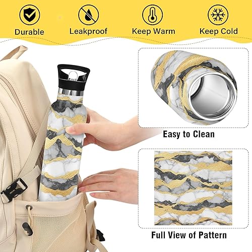 Miniatura 4 de Botella de agua para niños con popote de 20 onzas, botella de agua de acero inoxidable para viajes o escuela, sin BPA, mármol blanco y negro