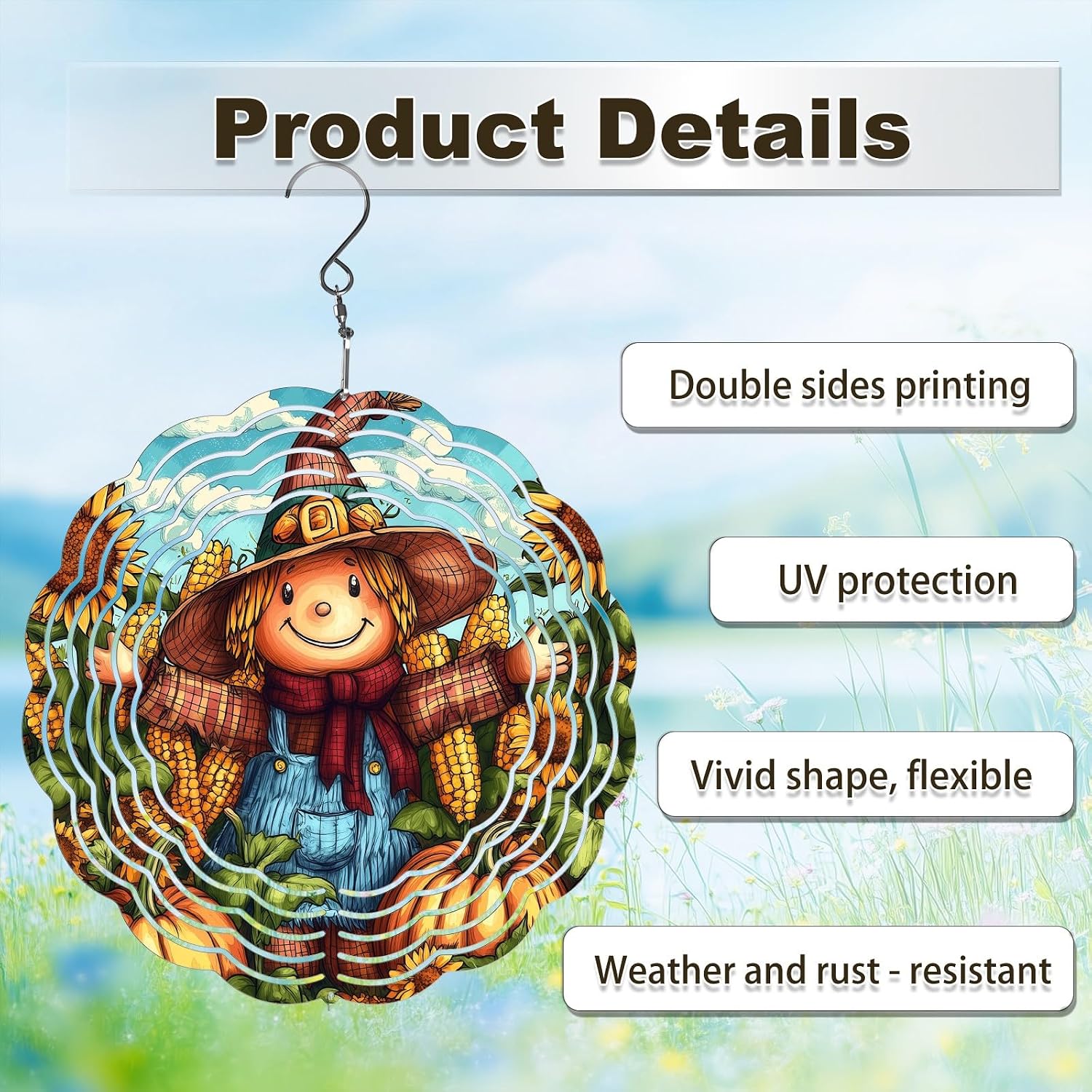 Pumpkin Scarecrow Wind Spinners Outdoor, Hanging Wind Spinner for Garden Decoration, 8 inch 3D Stainless Steel Metal Wind Sculpture for Indoor/Outdoor Decor