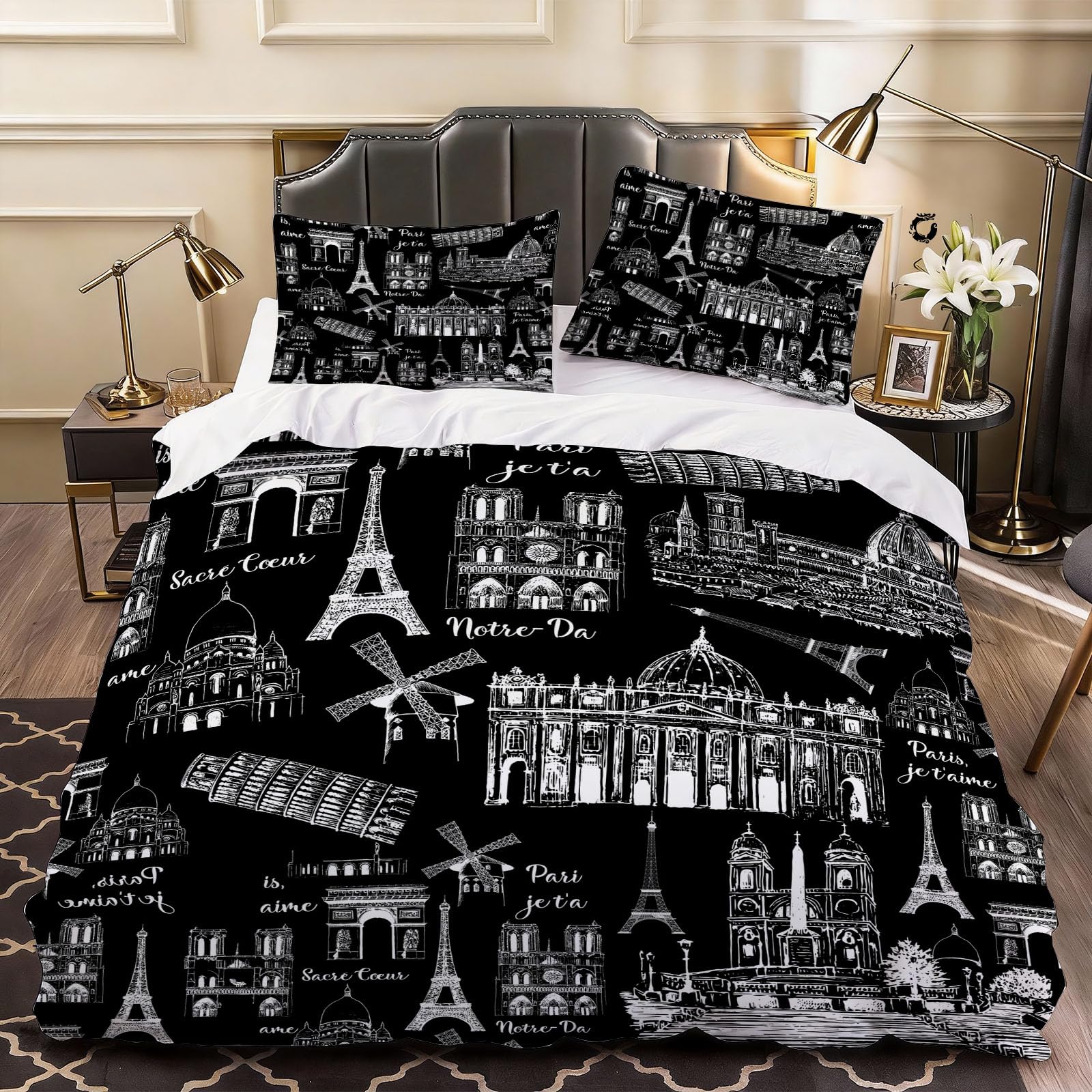 3D Paris Landmarks Duvet Cover Geometric Lines Bedding Super King Bed Set, Soft Microfiber Comforter Cover Printed with Zipper Closure Quilt Coverr 260x220 cm and 2 Pillowcases