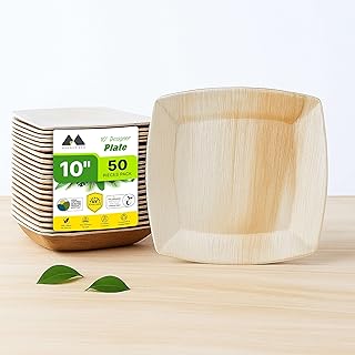 | 10 inch Designer Dinner Plates 50 pcs | Disposable plates for Party | Eco Friendly, Compostable and Biodegradable serving bowls for Catering, Weddings and Parties