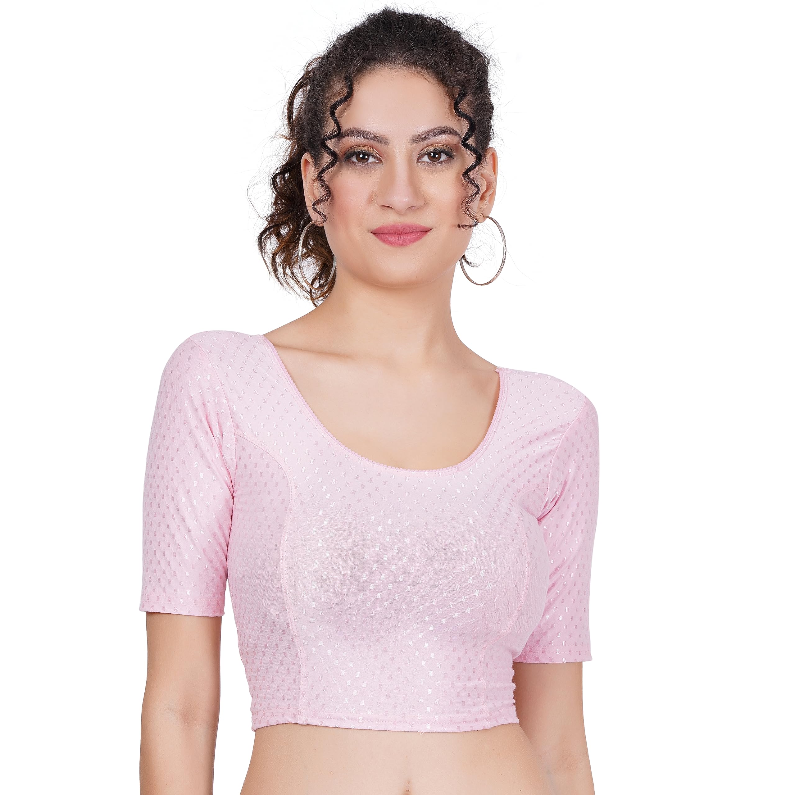 SKYBLE Ladies' Round Neck Readymade Cotton Lycra Stretchable Round Neck Half Inflatable Sleeve Blouses Saree Party Blouse (Balloon SleeveQNT1)