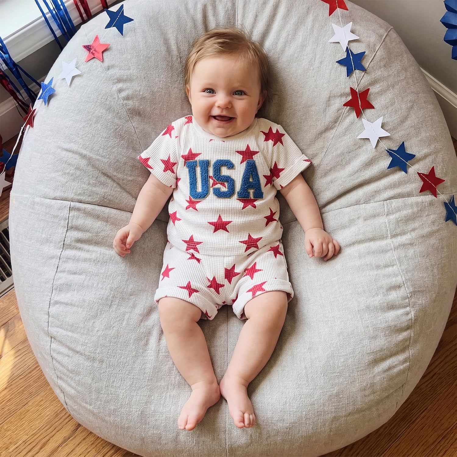 Afunbaby 4th Of July Toddler Baby Boy Outfit Fourth Of July Usa Flag Embroidery Waffle Stripes T-Shirt Tops Shorts Summer Set