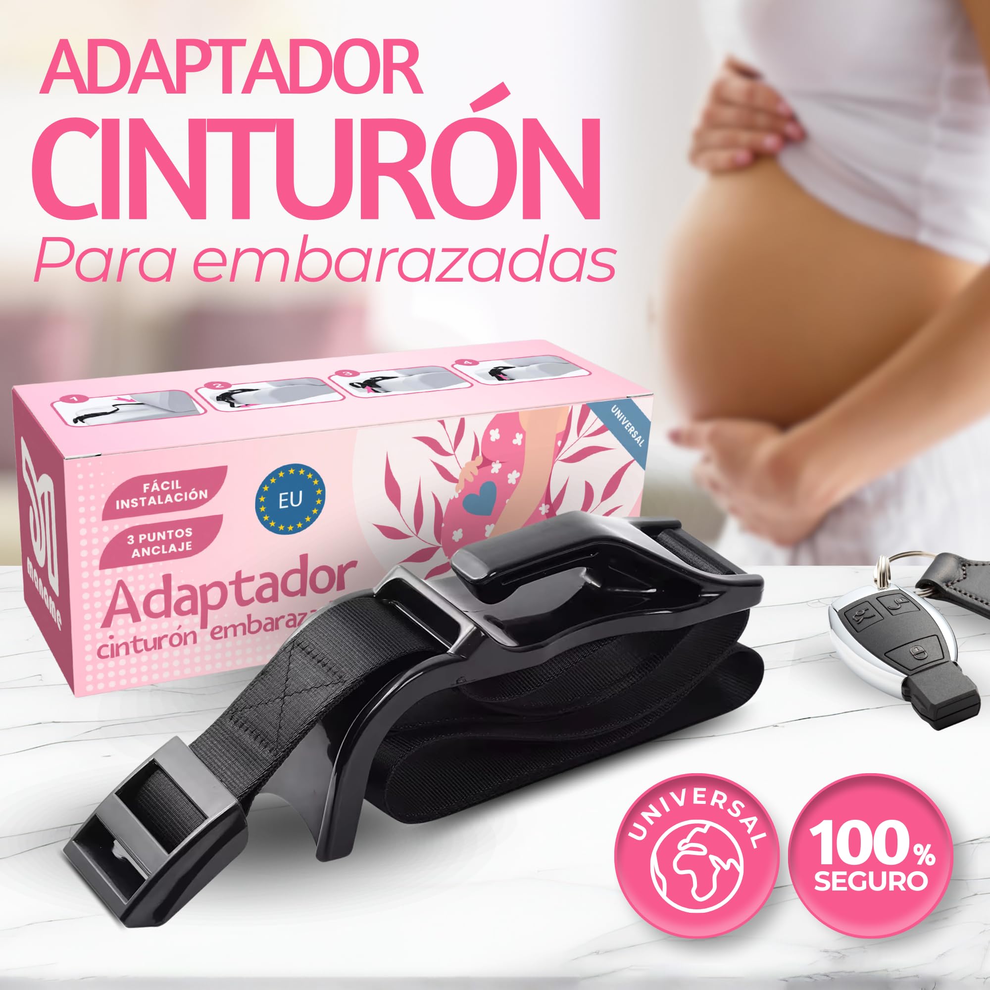 Adaptador Cinturon De Seguridad Para Embarazada. Ajustador Homologado Para Maternidad, Protege A Tu Bebe En El Coche De Impactos, Presiones. Anclaje Premama Embarazo.