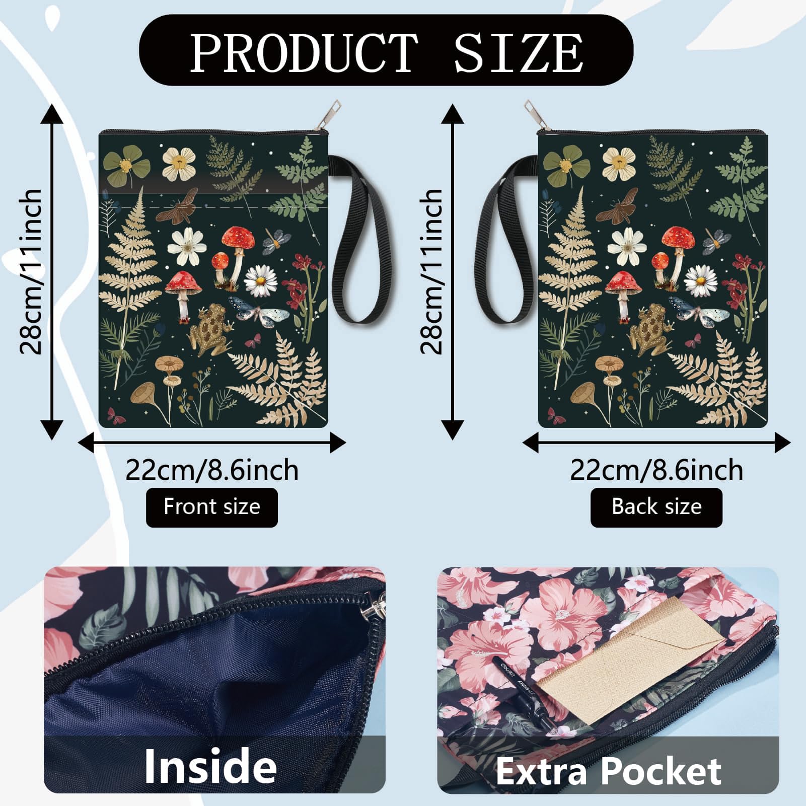 CRASPIRE Insects Book Covers Leaf Book Sleeve Flower Book Protector for Paperbacks Washable Fabric Cloth Book Cover with Zipper and Extra Sleeve Pocket for Book Lovers Classmate Gifts - Image 2