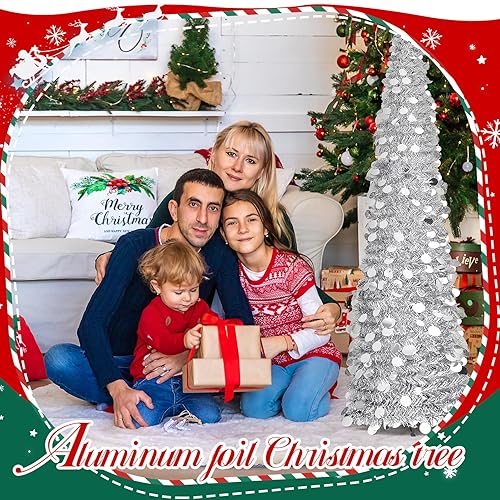 Miniatura 6 de Leyndo Árbol de Navidad artificial plegable de 5 pies, 2 unidades, de oropel plateado, con lentejuelas, delgado árbol de Navidad para el hogar,