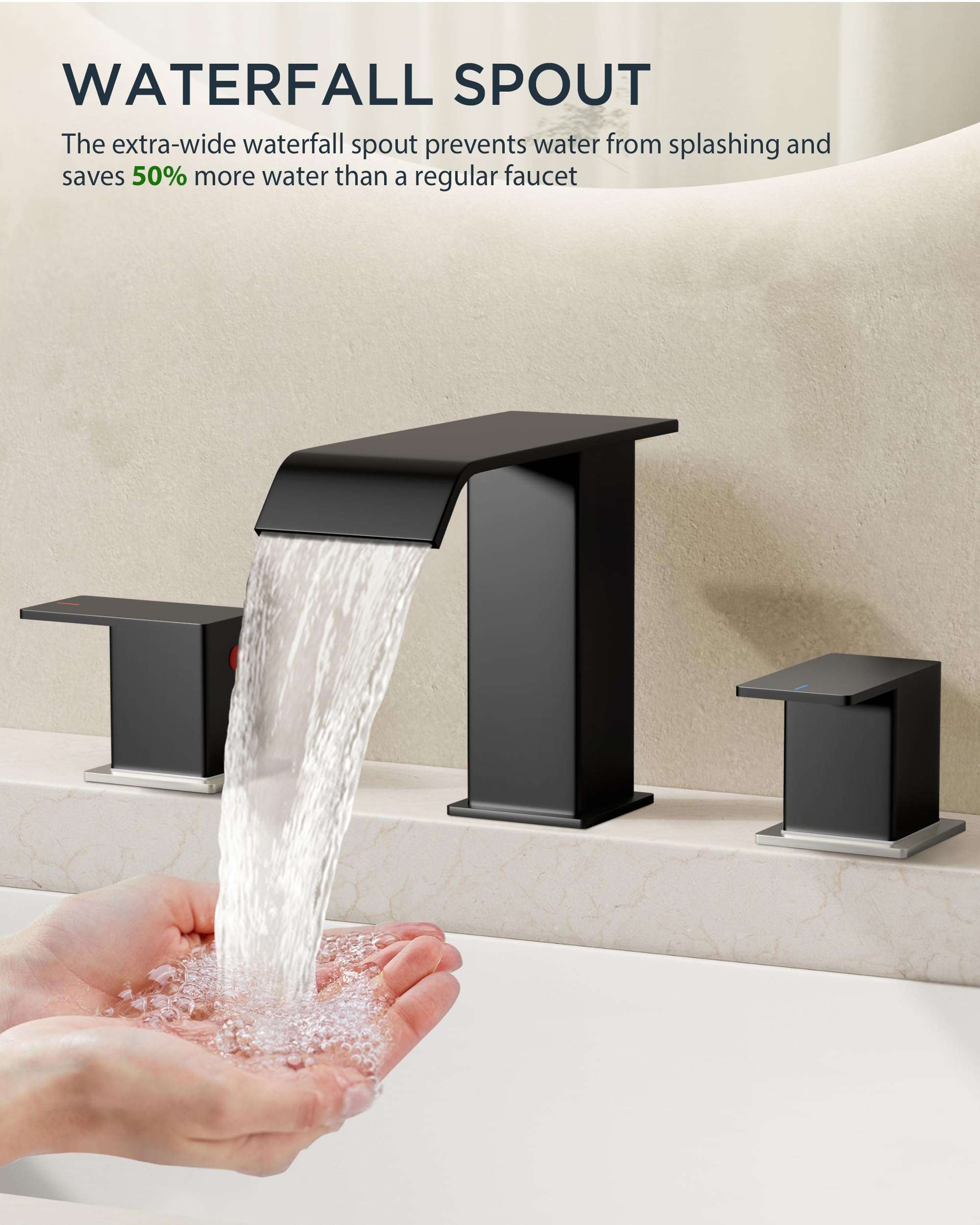 QHQQXN Weitverbreiteter Waschbecken-Wasserhahn mit 3 Löchern, gebürstetes Nickel, 2 Griffe, Wasserfall-Badezimmer-Wasserhahn mit Pop-up-Ablauf aus Metall und 24-Zoll-Warm- und Kaltwasserschläuchen,