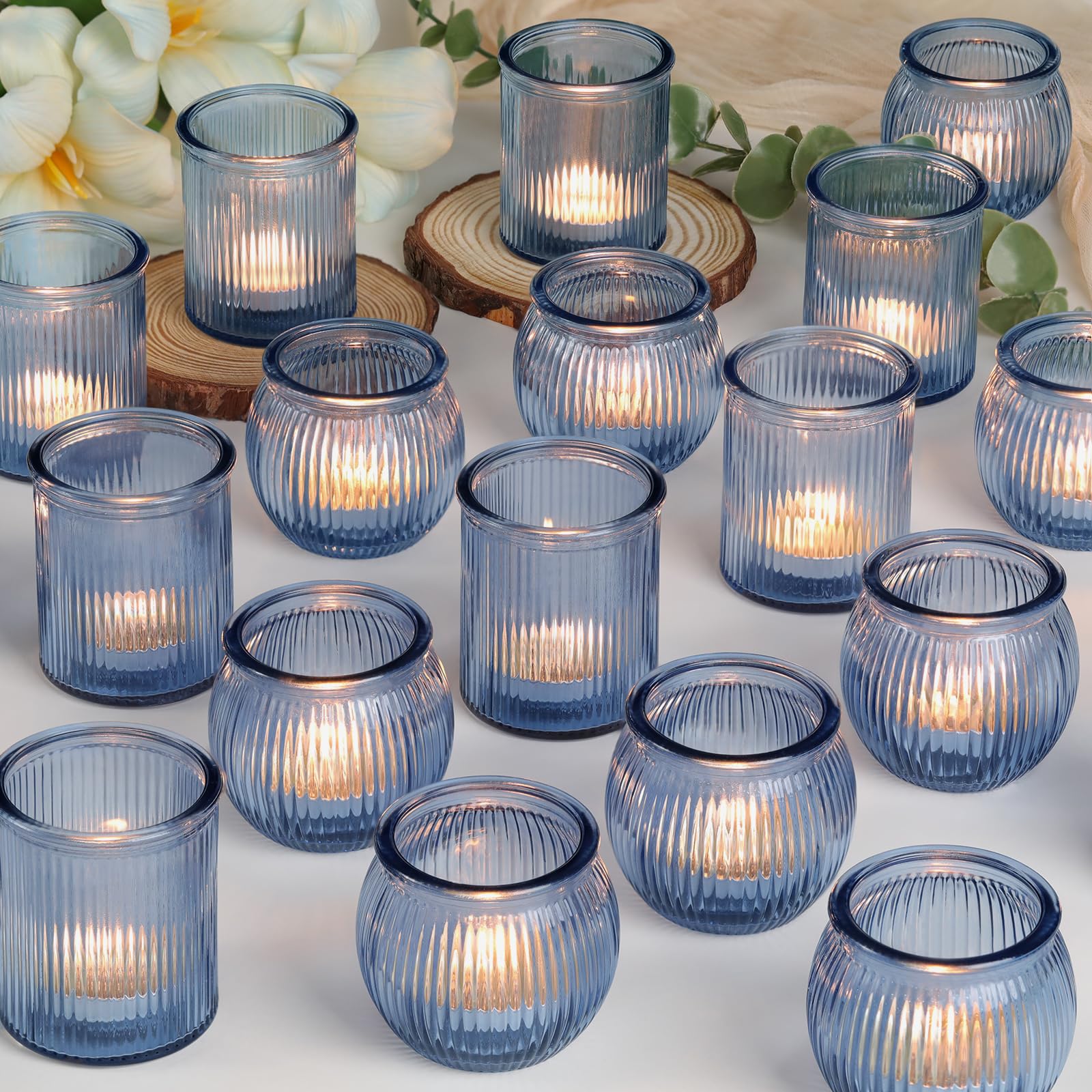 Photo 1 of NITIME 48pcs Assorted Blue Votive Candle Holders for Wedding Decor, Ribbed Glass Tea Lights Candle Holder, Blue Candle Holder for Table Centerpiece, Party and Holiday Decorations