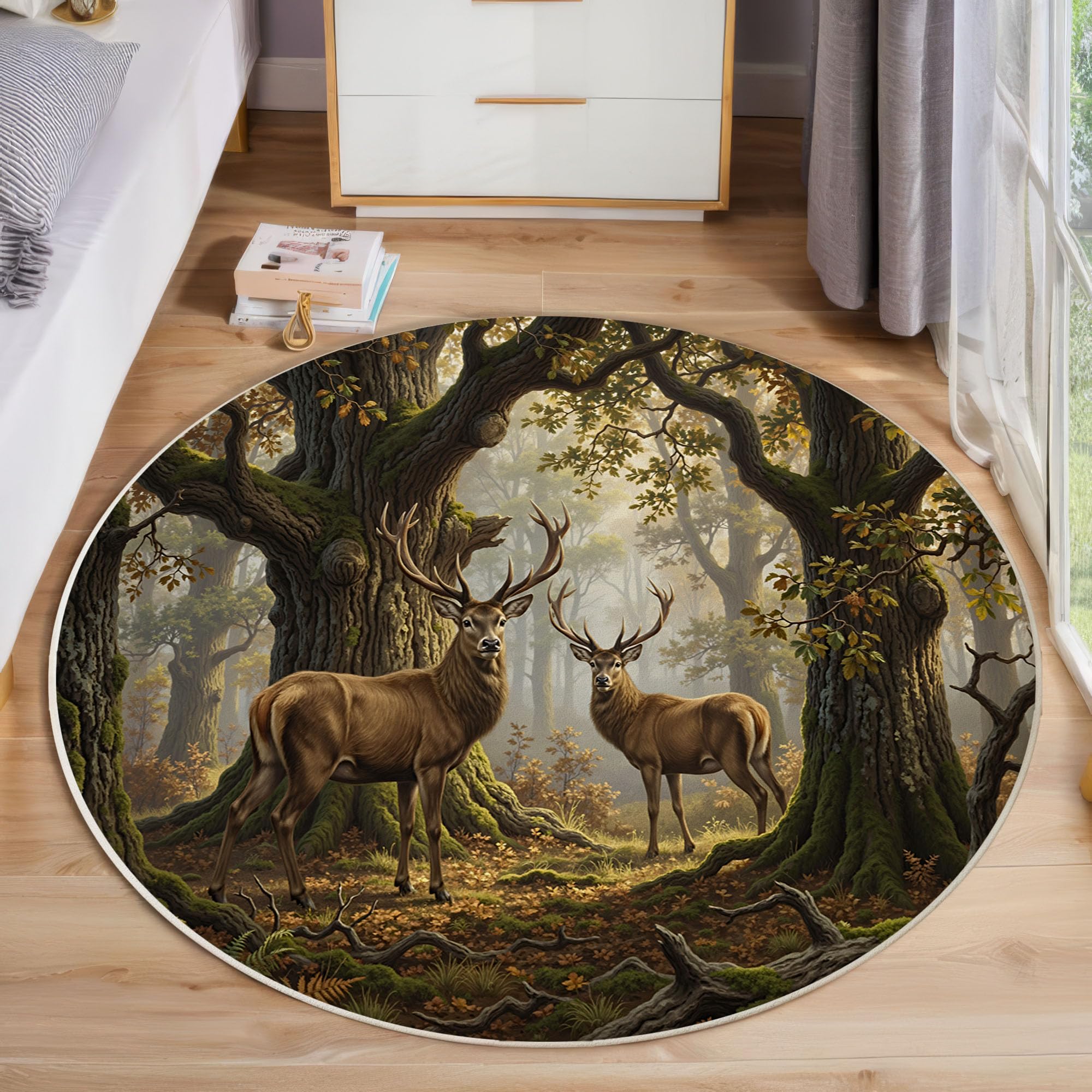 Paysage Animalier Forestier Tapis Rond Lavable 160 Cm | Tapis Intérieur Antidérapant, Soleil Cerfs Prairie Poil Ras Facile À Nettoyer Pour Entrée Cuisine, Vert Olive