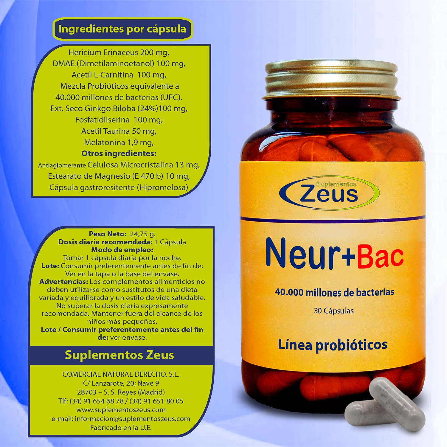 NEUR+BAC |Promueve el desarrollo neuronal y protege y equilibra la microbiota intestinal | C. Alimenticio a base de Melena de León, DMAE, Aminoácidos, Probióticos y Melatonina | 100% Vegano | 30 C.V