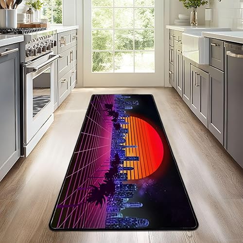Miniatura 3 de Alfombra antideslizante de onda retro synthwave vaporwave skyline paisaje, sol nocturno, 3D, alfombra decorativa para dormitorio, alfombra de