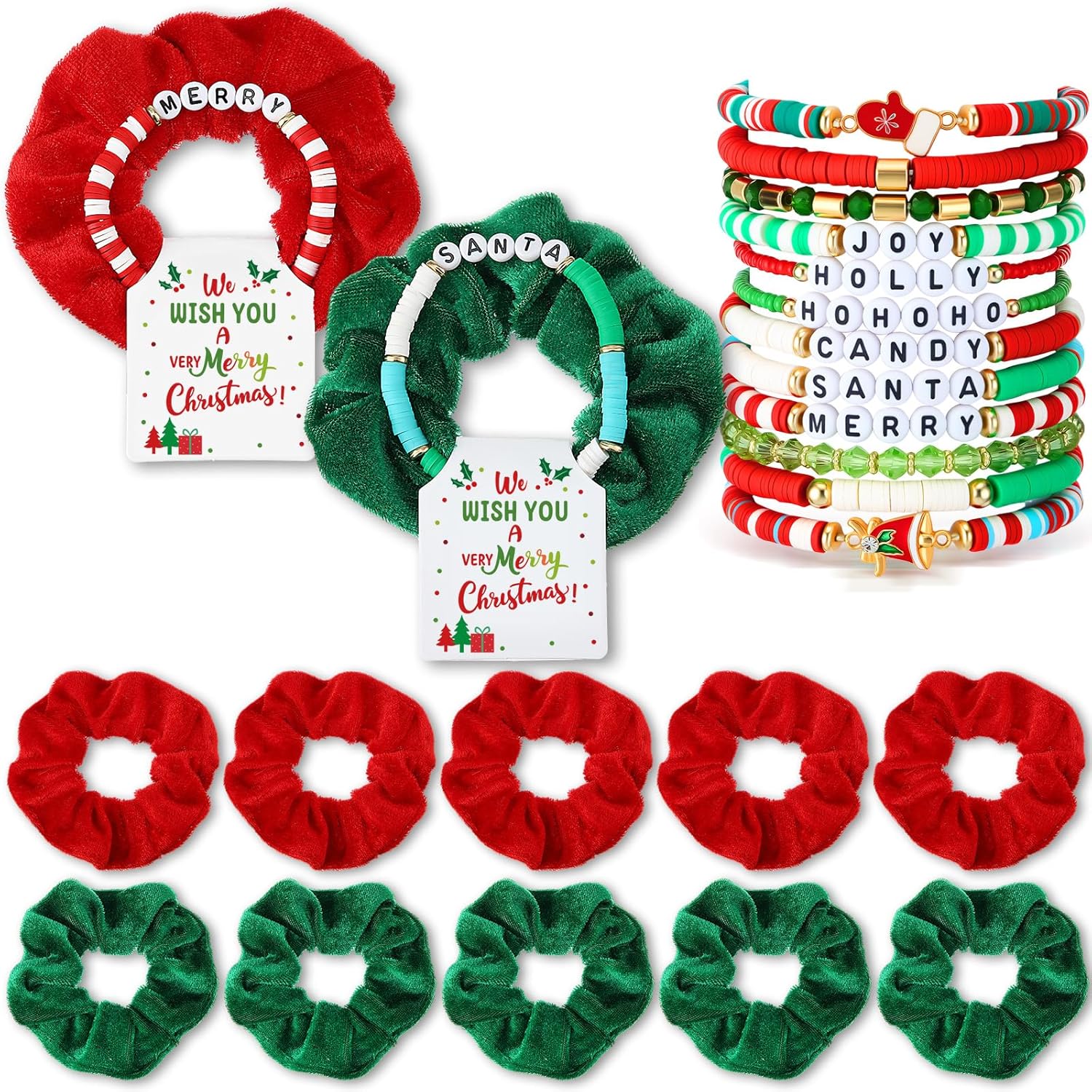 Tondiamo 72 Pcs Christmas Bracelets and Scrunchies Christmas Party Favor Gift Red Green Santa Joy Merry Candy Holiday Stackable Stretch Friendship Bracelets and Scrunchies with Gift Cards for Women