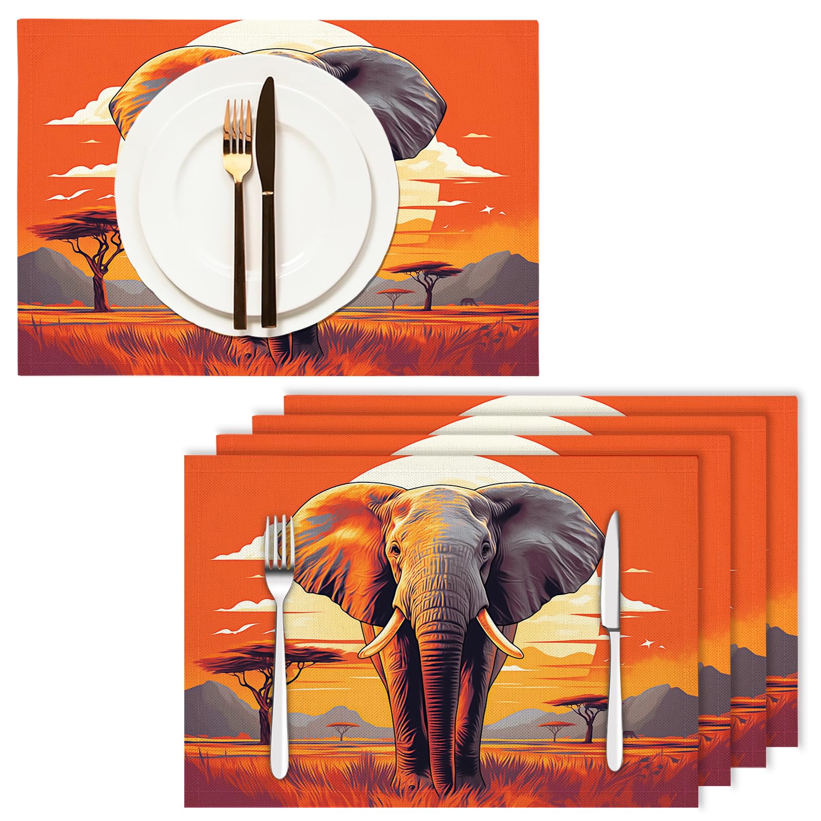 Tovaglietta Americana Animali africani in Cotone Lino Rettangolare - Tovagliette Set di 8 Elefante Resistente al Calore per La Cucina, Il L'Ufficio, 30 x 45cm