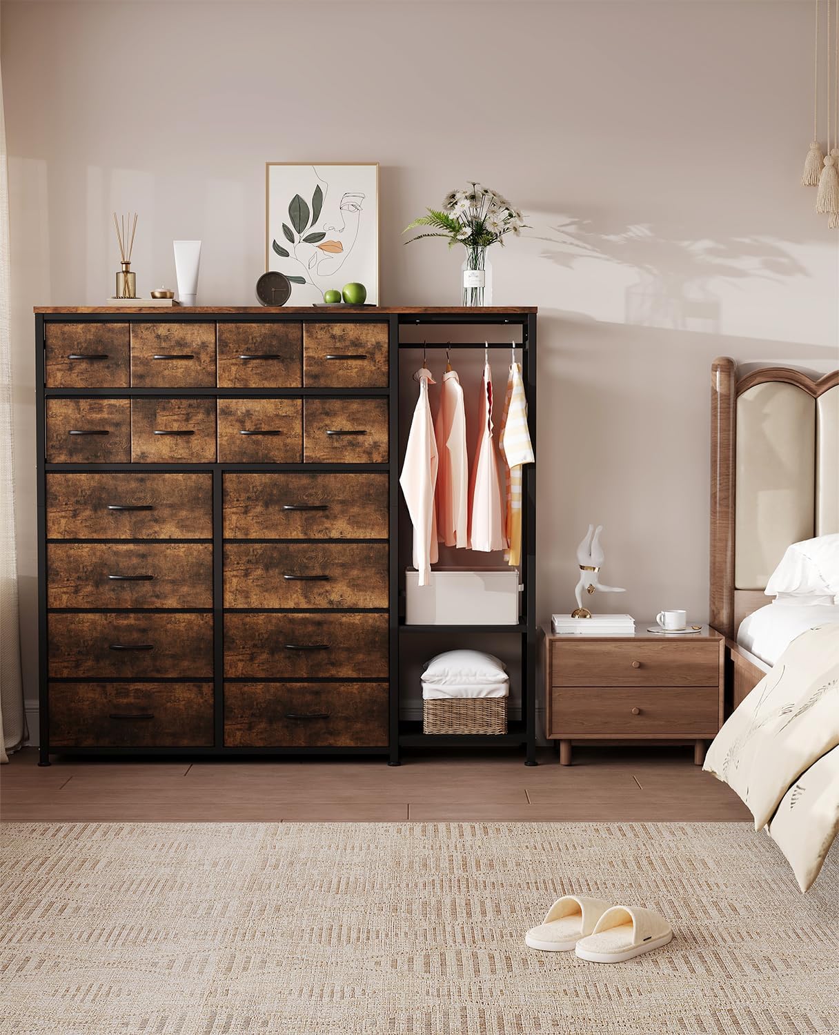 16 Drawers Dresser with Clothes Rack, Tall Fabric Dresser for Bedroom, Fabric Storage Tower Drawers Organizer Unit (Brown)