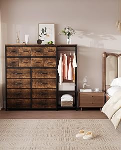 IDEALHOUSE Tabby Tall Dresser with 16 Drawers Hanging Rod and Shelves, Fabric Storage Organizer for Bedroom, Entryway