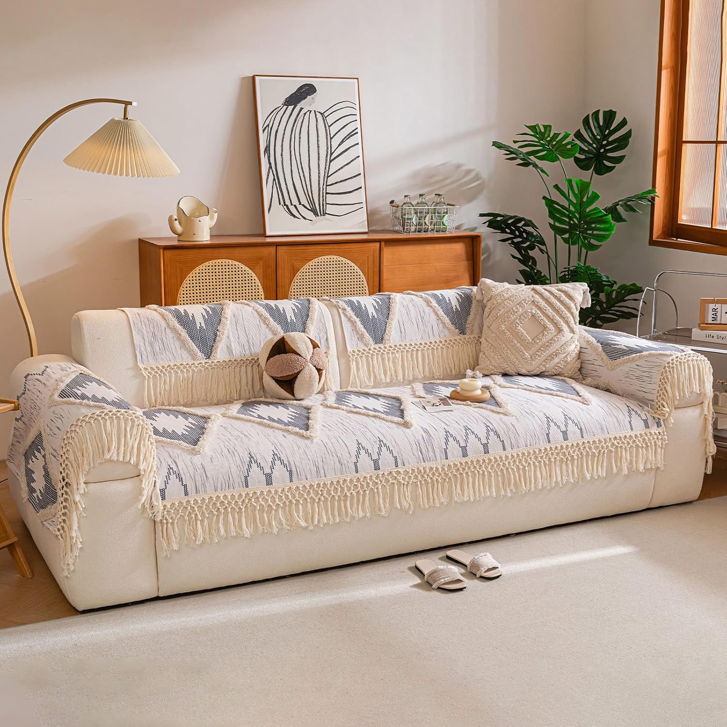 VClife Farmhouse Couch Cover for Sofa, Non Slip Washable Sofa Cover for Dogs, Bohemian Style Geometric Tufted Slipcover, Pet Friendly Furniture Protector, White and Gray,35.4"x35.4"