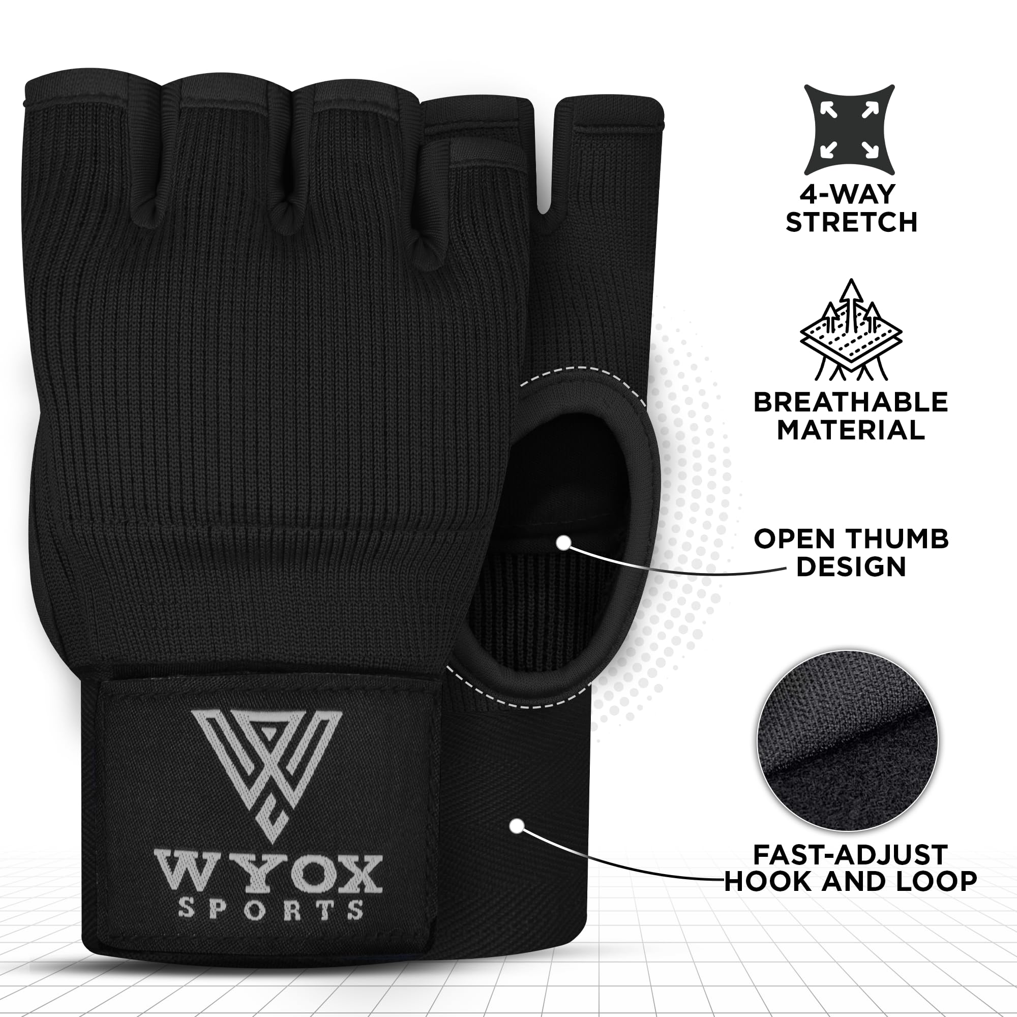 Wyox boxe guanti interni con imbottitura in gel mano Wraps Fist bende MMA Thai Muay training, Black