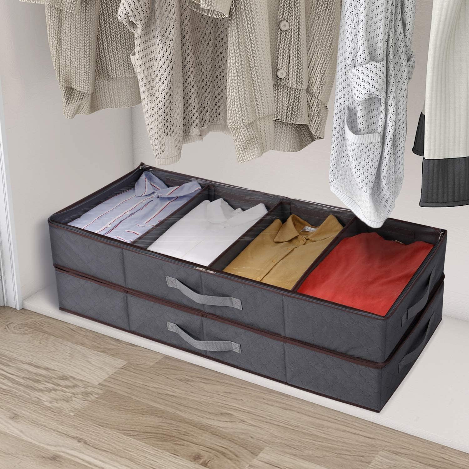 Lifewit Under Bed Clothes Organizer Large Adjustable Dividers Storage Bag with Durable Fabric, Reinforced Handle, 4 Clear Window for Clothing, Shoes, Blankets, Sweaters, Grey, 2 Pack