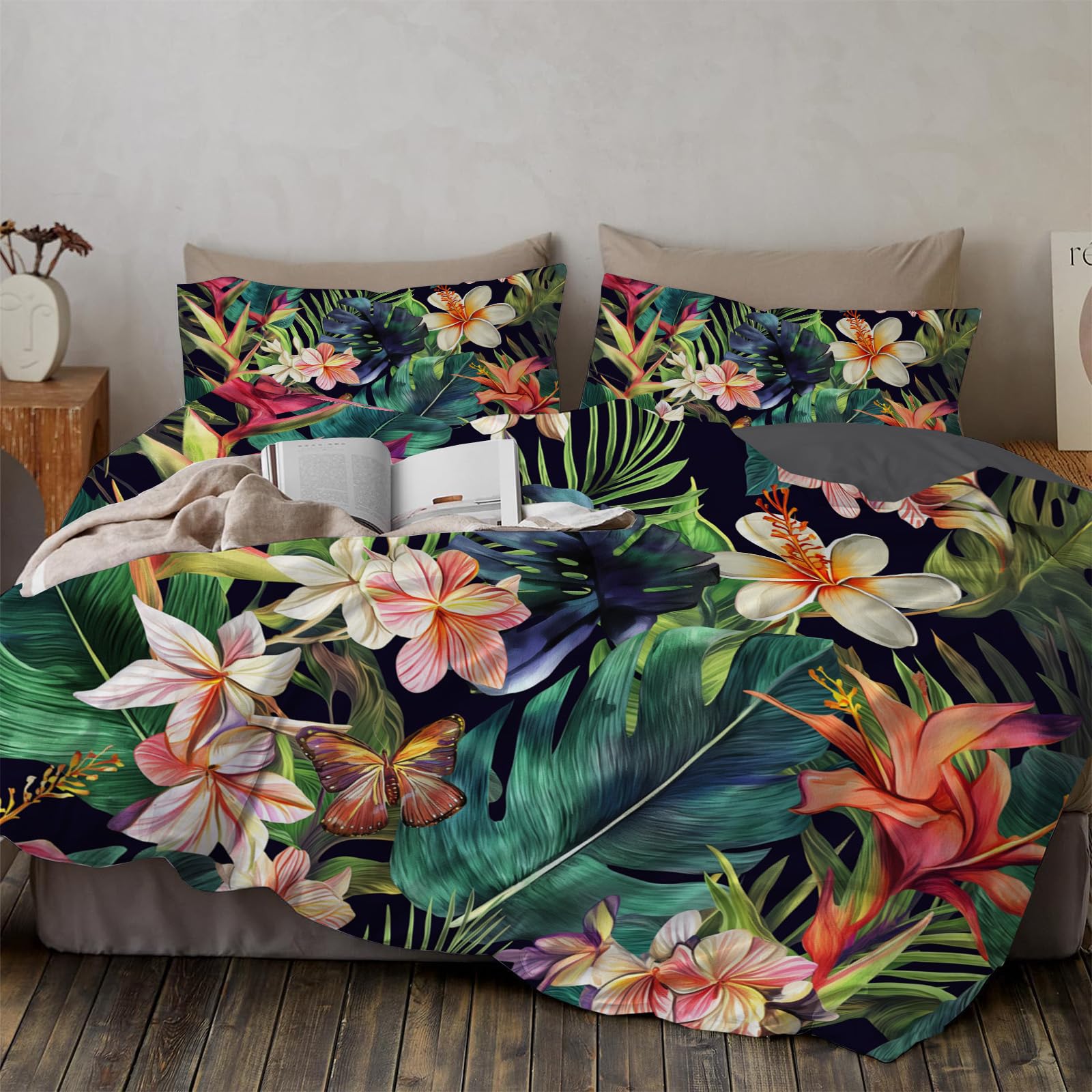 Housse de couette tropicale 200x200 sans repassage en microfibre douce pour lit 2 personnes