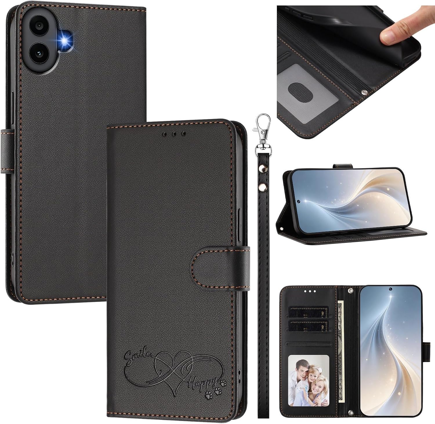Compatible with Nothing CMF Phone 1 Flip-Kickstand-Magnetic Card Slot Lanyard Protective Case Black