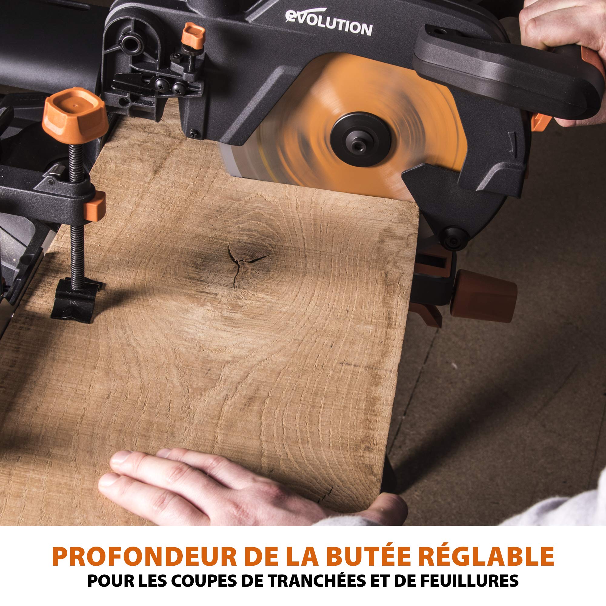 Evolution Power Tools Scie à Onglet Coulissante avec des Caractéristiques PLUS - 0-45˚ Biseau, 50-50˚ Onglet - Coupe Multi-Matériaux - Le Bois, Le Plastique, Le Métal Lame Incluse 255mm - R255SMS+