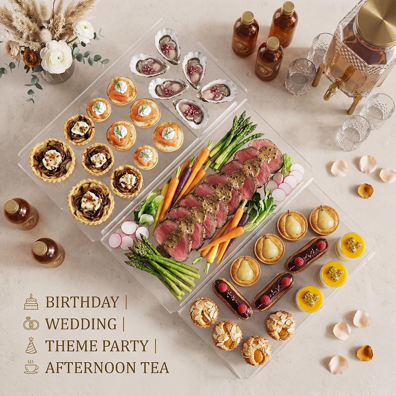 Jusalpha Set of 3 Acrylic Cupcake Stand, 3 Tiered Party Serving Tray, Clear Rectangular Dessert Display, Heavy Duty Construction (Rectangular)