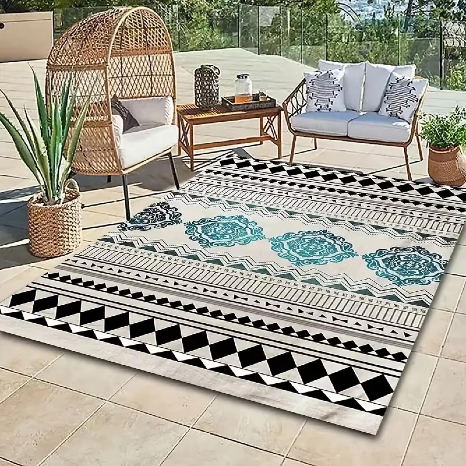 Tapis à motif floral bleu géométrique imperméable et lavable 120x160