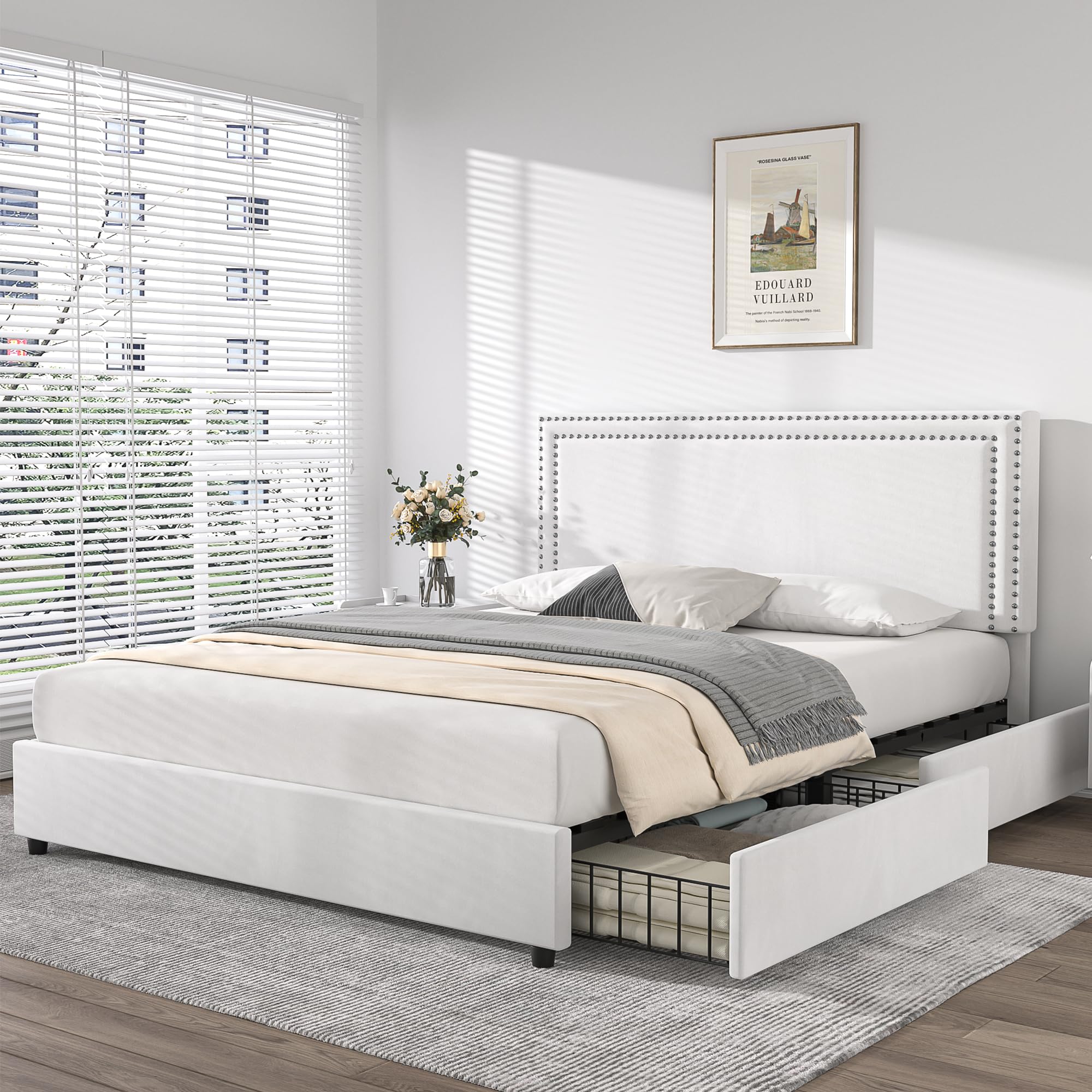 VECELO Queen Size Upholstered Platform Bed Frame with 4 Storage Drawers, Adjustable Velvet Rivets Headboard, Wooden Slats Support, No Box Spring Needed, Easy Assembly