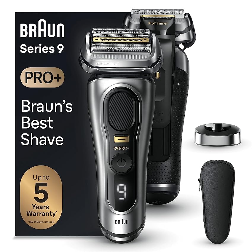 Immagine del prodotto Braun Series 9 PRO +, Rasoio Elettrico Barba Rifinitore di precisione, Custodia da Viaggio in tessuto, Batteria Litio Ion, 100% Impermeabile Idea Regalo, 9517s Argento