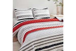 Striped Red Queen Bed Quilt Set