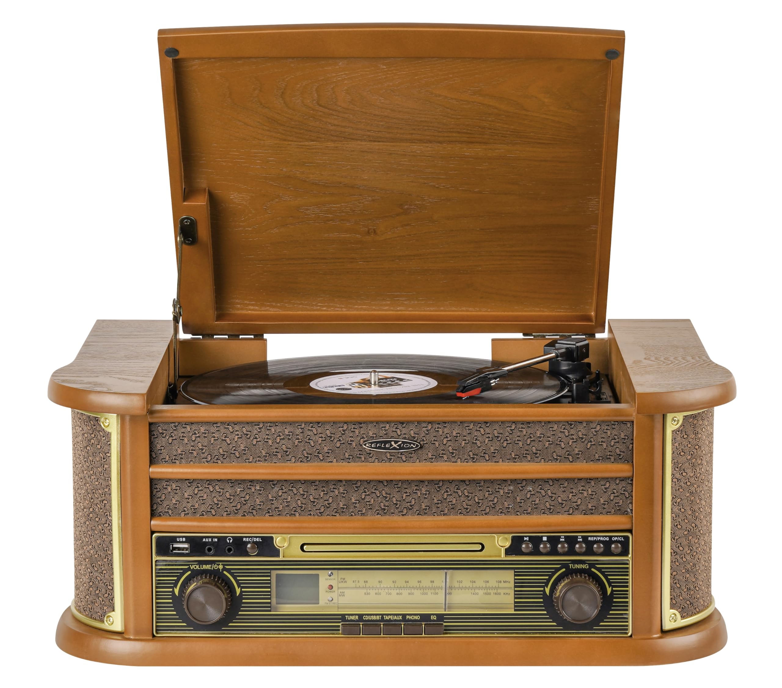 Reflexion HiF2002, impianto HiFi retrò con codifica (2 x 40 Watt), giradischi semiautomatico, effetto legno, funzione codifica, riproduzione MP3 tramite CD e USB