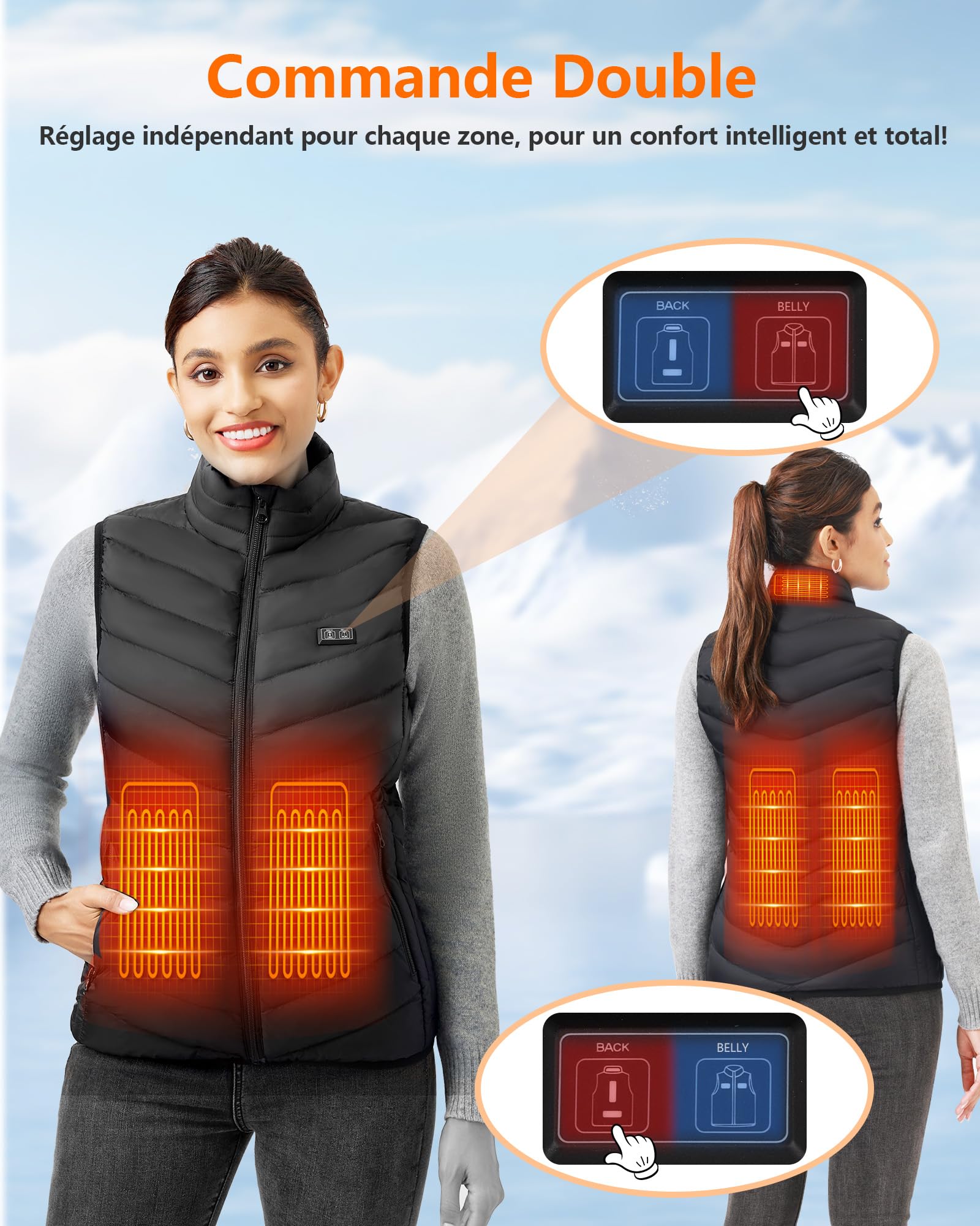 Gilet Chauffant Femme avec 10000mAh Batterie Incluse, Veste Chauffante Femme avec 3 Températures Réglables pour Ski Moto Chasse Randonnée la pêche(Noir, M)