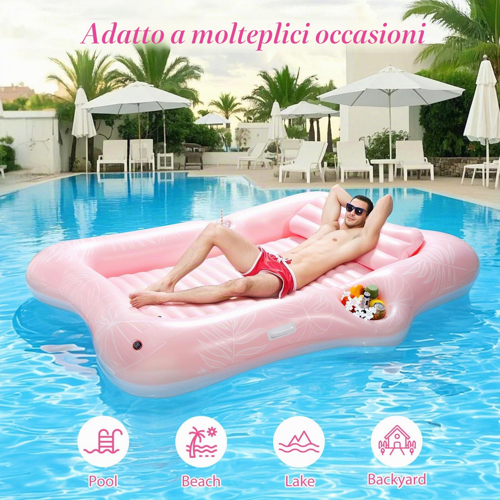MoKo Galleggianti da Piscina per Adulti, Materassino Gonfiabile Piscina con Ghiaccio Bar e Portabevande, Lettino Abbronzante Zattera da Piscina per la Festa in Spiaggia Cortile