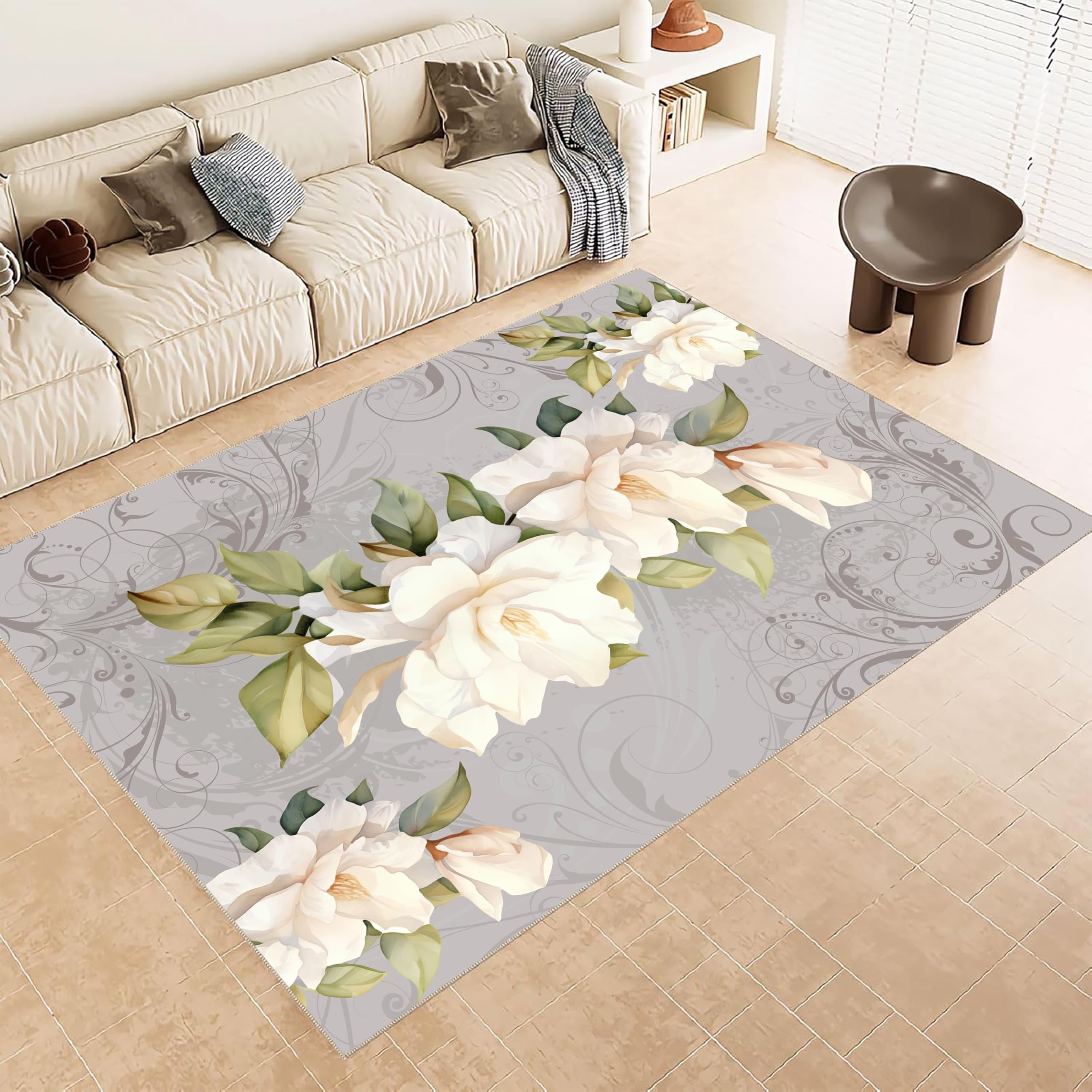 ZCLRUG Off-white Magnolia Plant Area Rug 120 x 180 cm, Soft and durable Non Slip Floral Green Leaves Pattern Rug, Washable Fade Resistant light gray Floor mat for Living Room Indoor Home Decor Carpet โ image 1