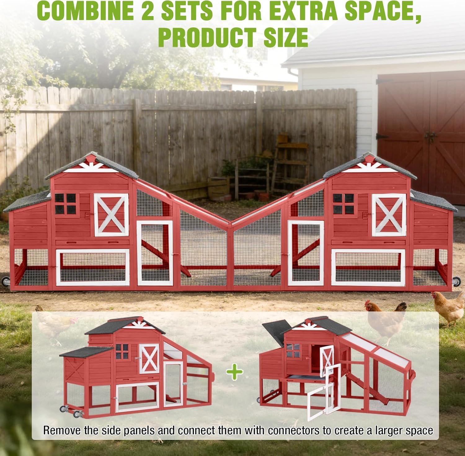 GUTINNEEN Chicken Coop with Wheels for 2-4 Chickens, Large Wooden Outdoor Hen House with Run, Waterproof & UV-Resistant Roof, Removable Leakproof Tray and Divided Nesting Box– Red