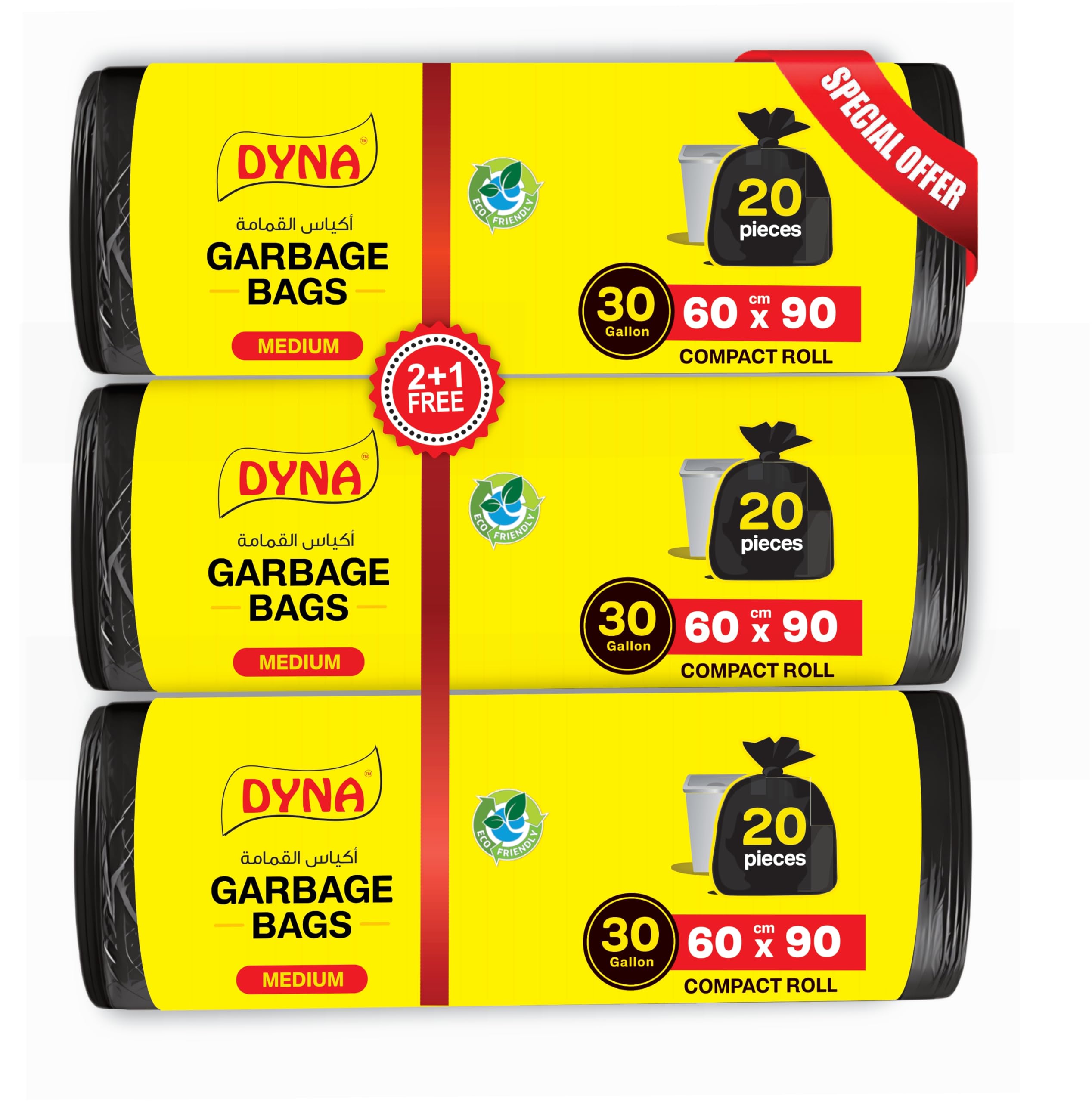 Dyna Garbage Bags, 30-Gallon, 60 Count (Pack of 3 Rolls) | Heavy Duty, Leak-Proof & Tear-Resistant | Large Trash Bags for Kitchen, Yard & Office (60x90 cm)