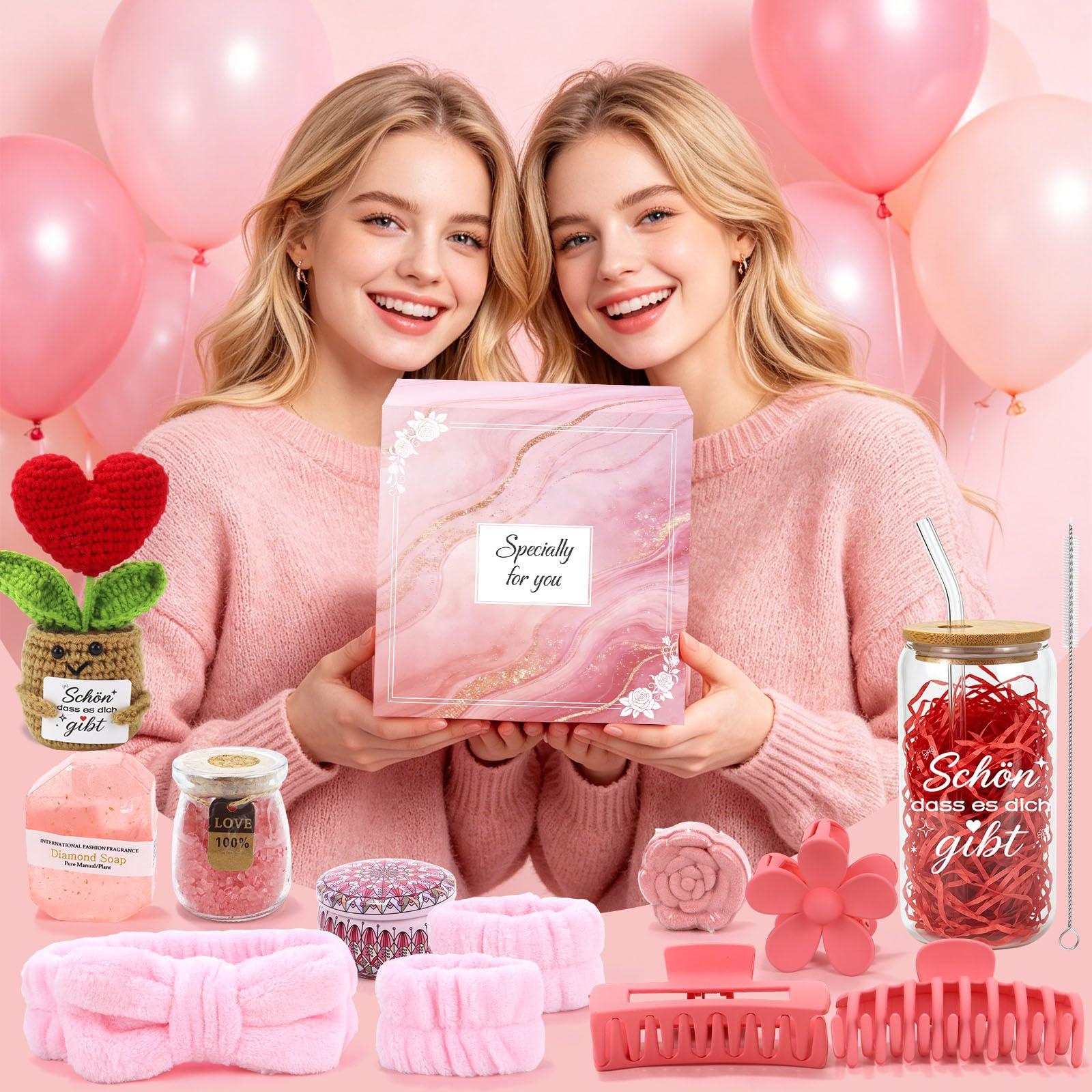 Geschenke für Frauen, Geburtstagsgeschenk für Freundin, Wellness Geschenkset Frauen für Beste Freundin, Schwester, Ehefrau, Mama & Kollegin mit Glasbecher Duftkerze Haarschmuck