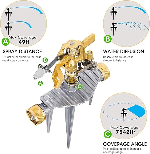 Miniatura 6 de Morvat Aspersor de agua de impacto ajustable para patio y jardín, cabezal de latón y estaca de aluminio sólido, sistema de riego con rotación de 360