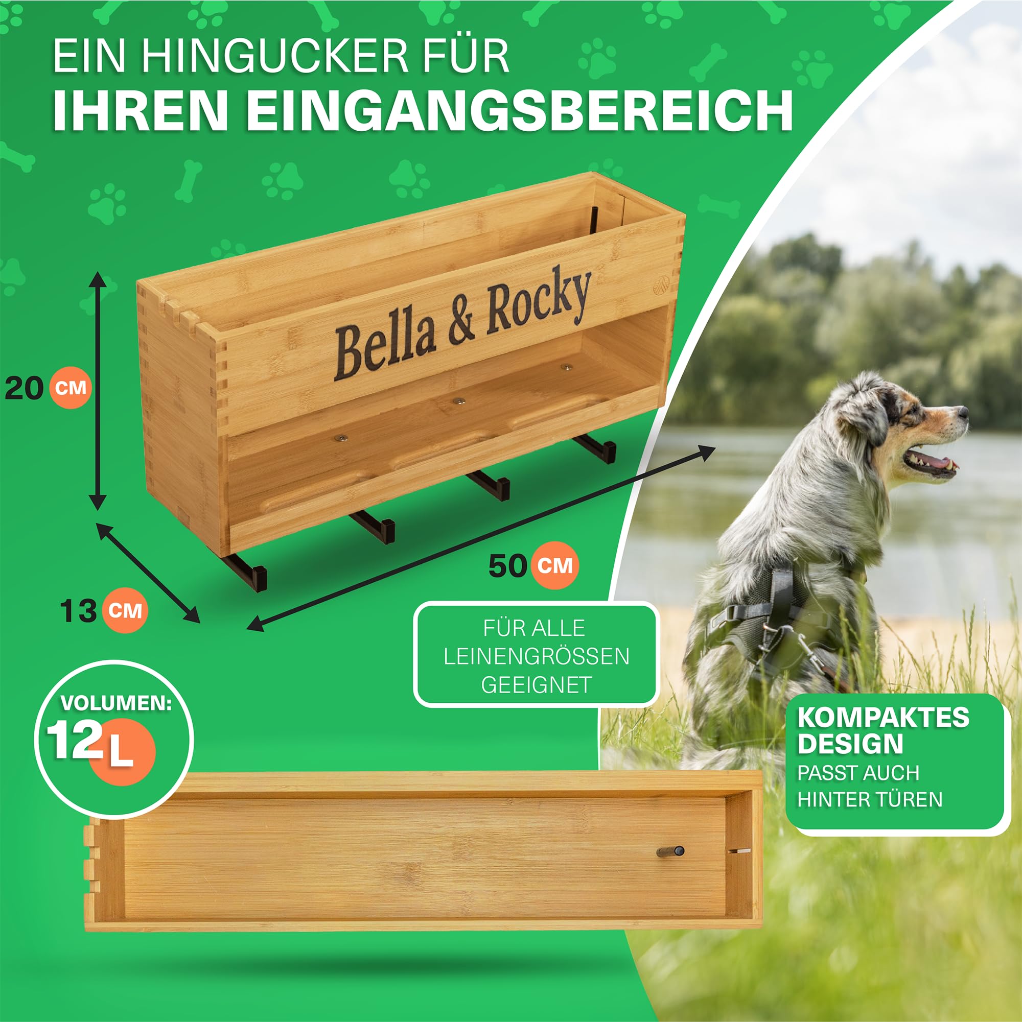 VELONT Hundegarderobe mit Ablage Personalisiert - Größe XL - Perfekter Leinenparkplatz - Bambus - Dogstation für Leinen & Zubehör - Inkl. Kotbeutelspender und Montagekit (06 XXL Gravur)