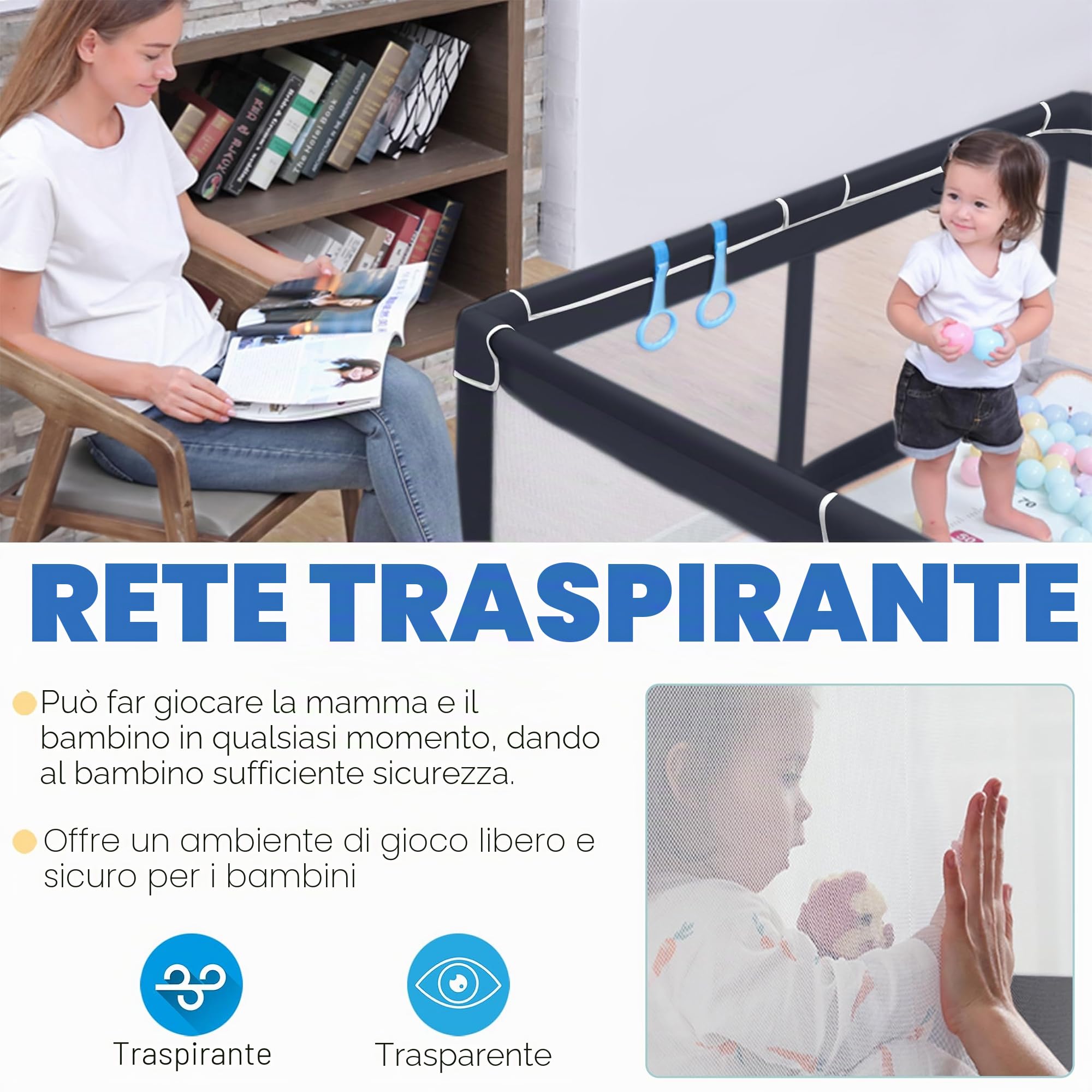 UISEBRT Box con base antiscivolo e rete traspirante e 50 palline, stabile griglia di intercettazione per bambini, colore nero, 127 x 127 cm