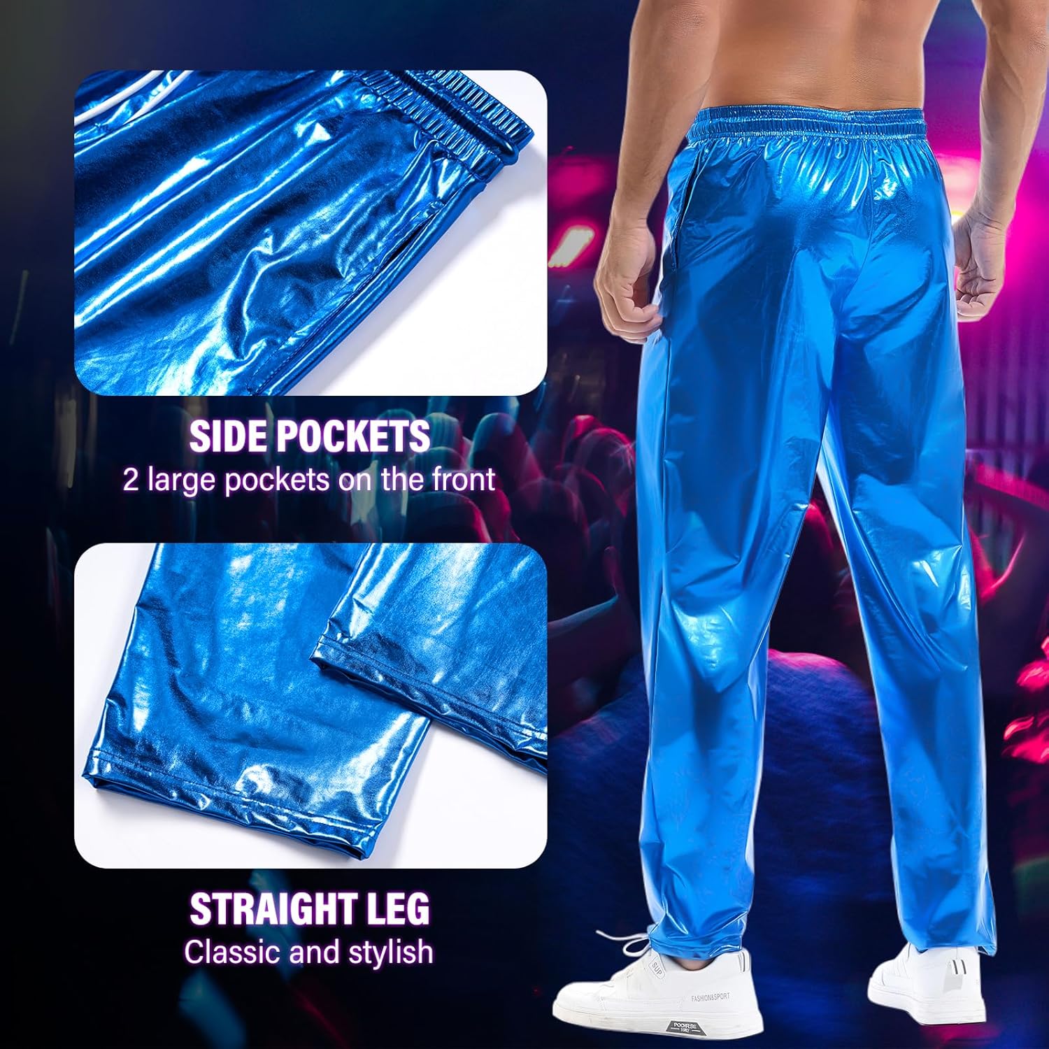 AMY COULEE Mens Metallic Shiny Pants Disco Rave Costume Sparkly Holographic Party Pants with Drawstring Pockets - Image 4