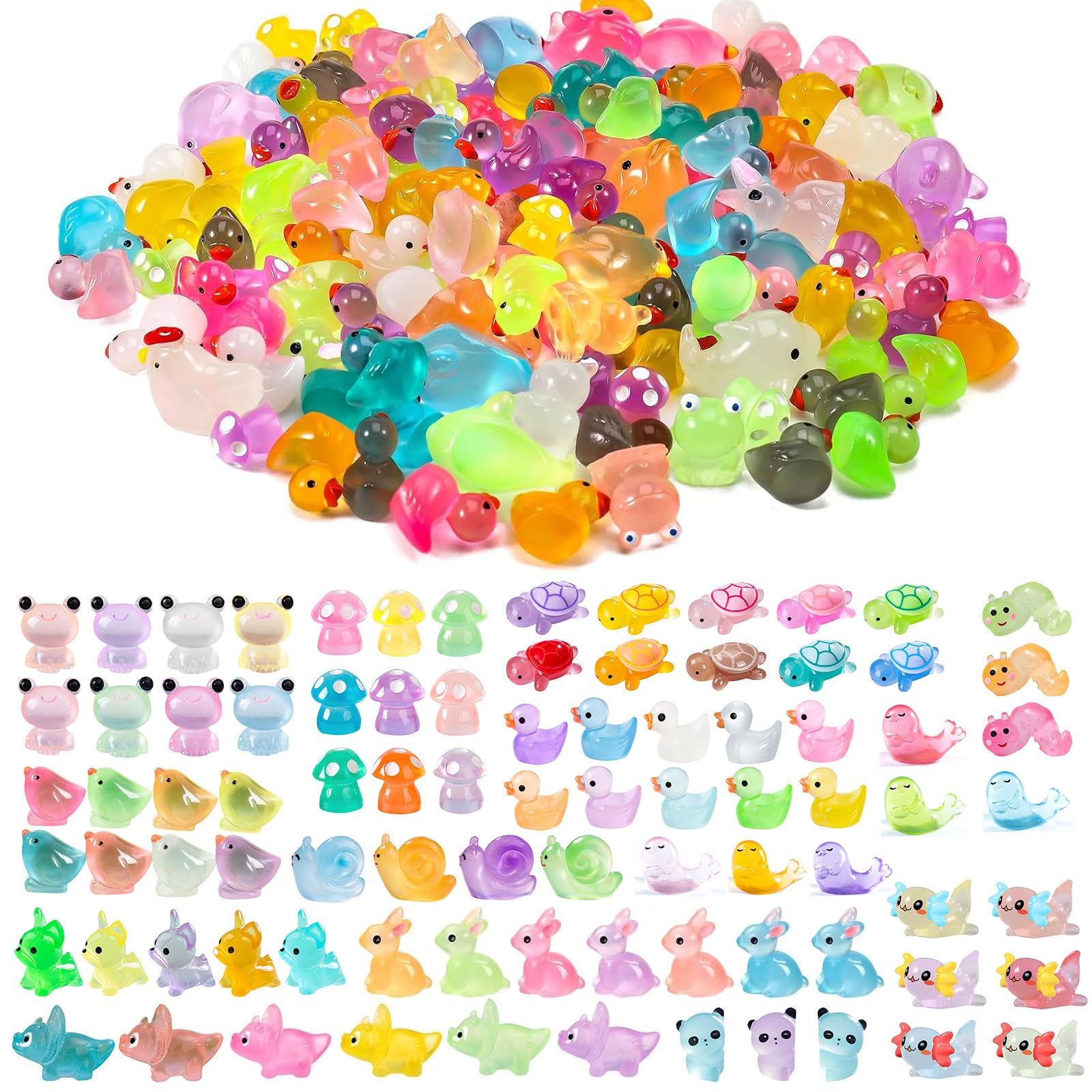 126 PCS Mini Luminous Resin Animals - 13 Styles Tiny Mixed Luminous Resin Animals, Little Small Plastic Animal Figures Glow in the Dark for Micro Landscape Fairy Garden Plant Aquarium Dollhouse