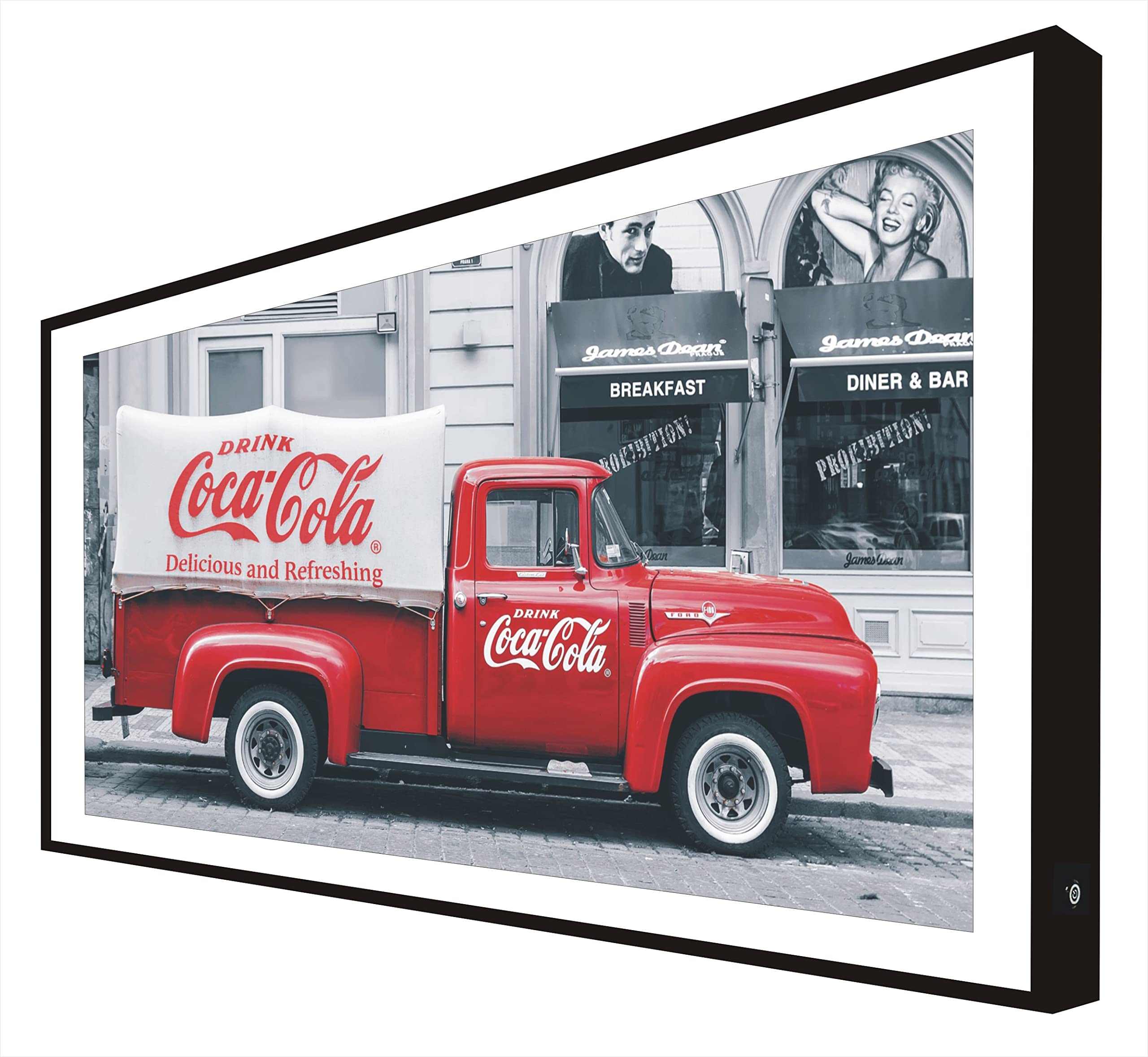 Picture with Lacquered Wooden Frame in Black Vintage Backlit Auto Retro Coca Cola